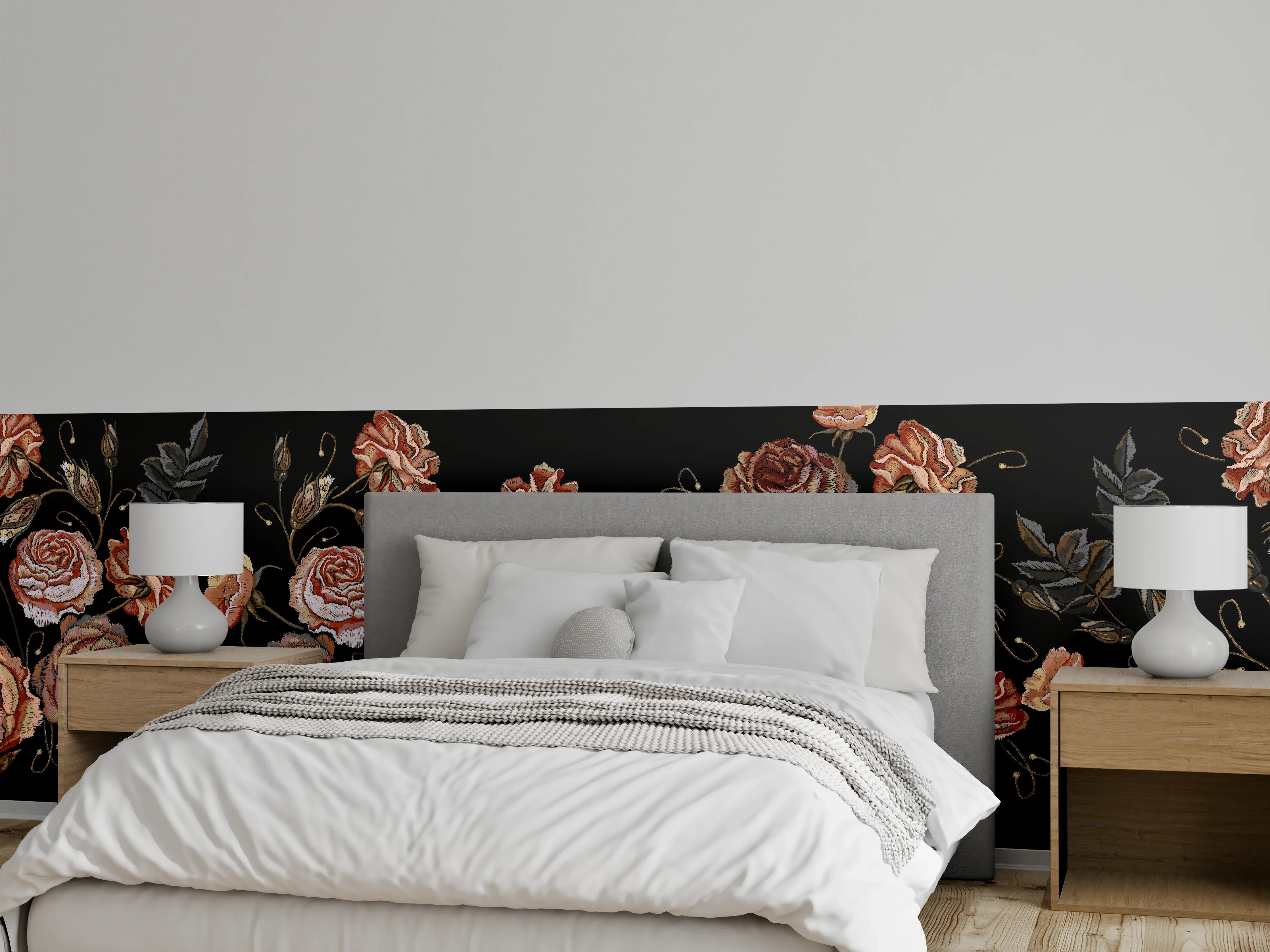 Wandverkleidung Schlafzimmer - Rosenstickerei Renaissance Schwarz