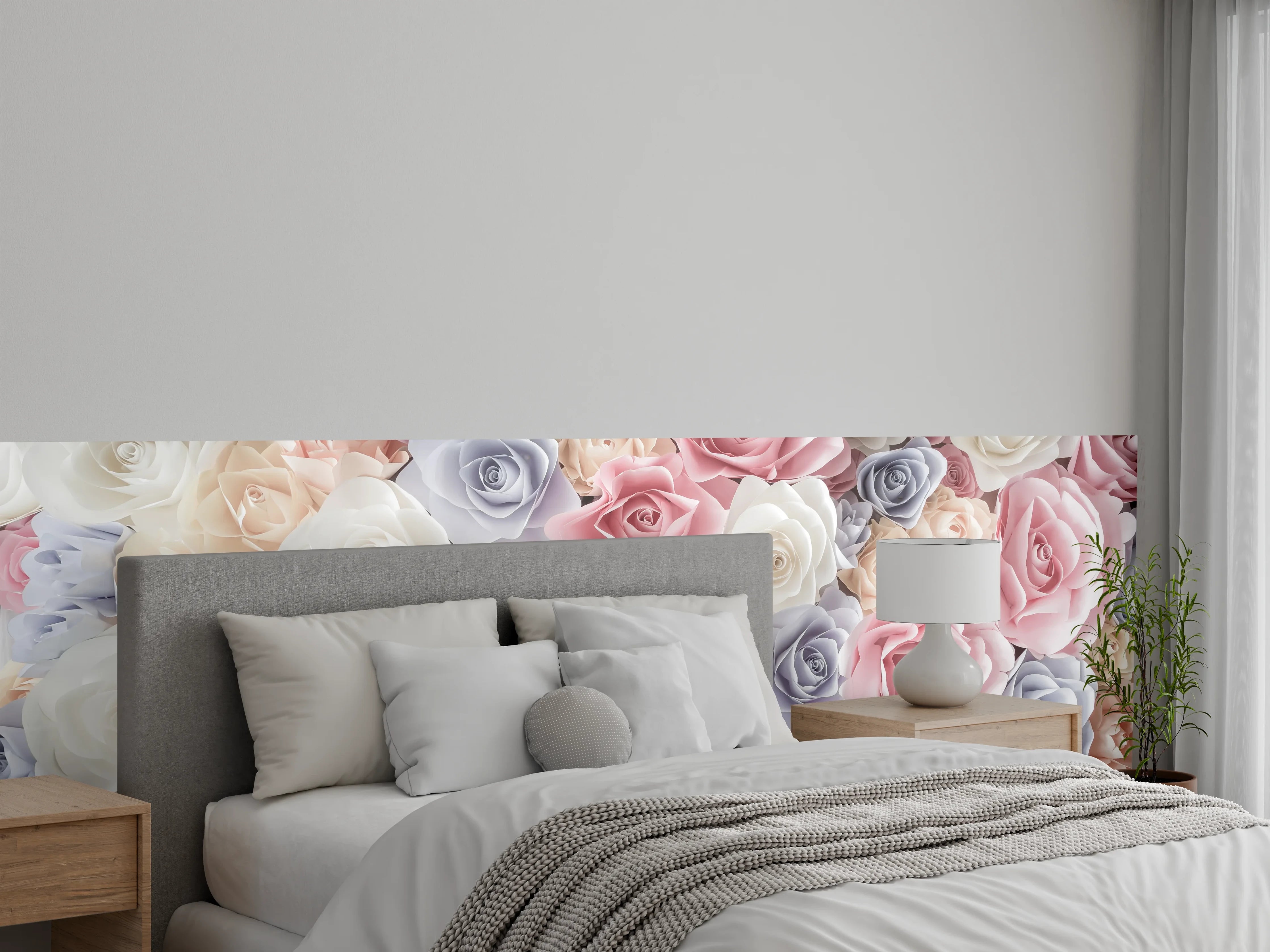 Wandverkleidung Schlafzimmer - Rosenwand in Pastell – Weiß, Rosa & Grau