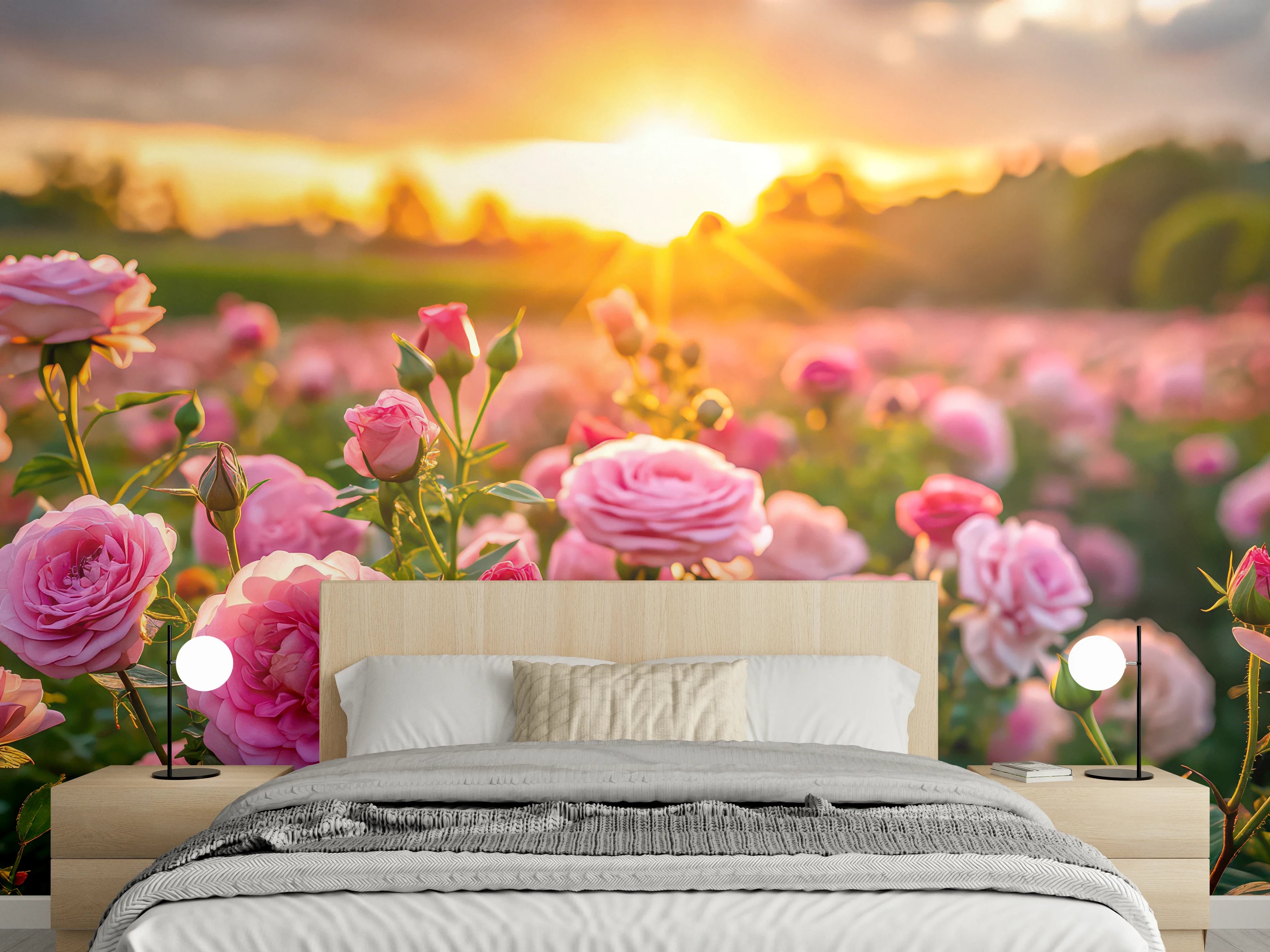 Wandverkleidung Schlafzimmer - Rosenwiese bei Sonnenuntergang