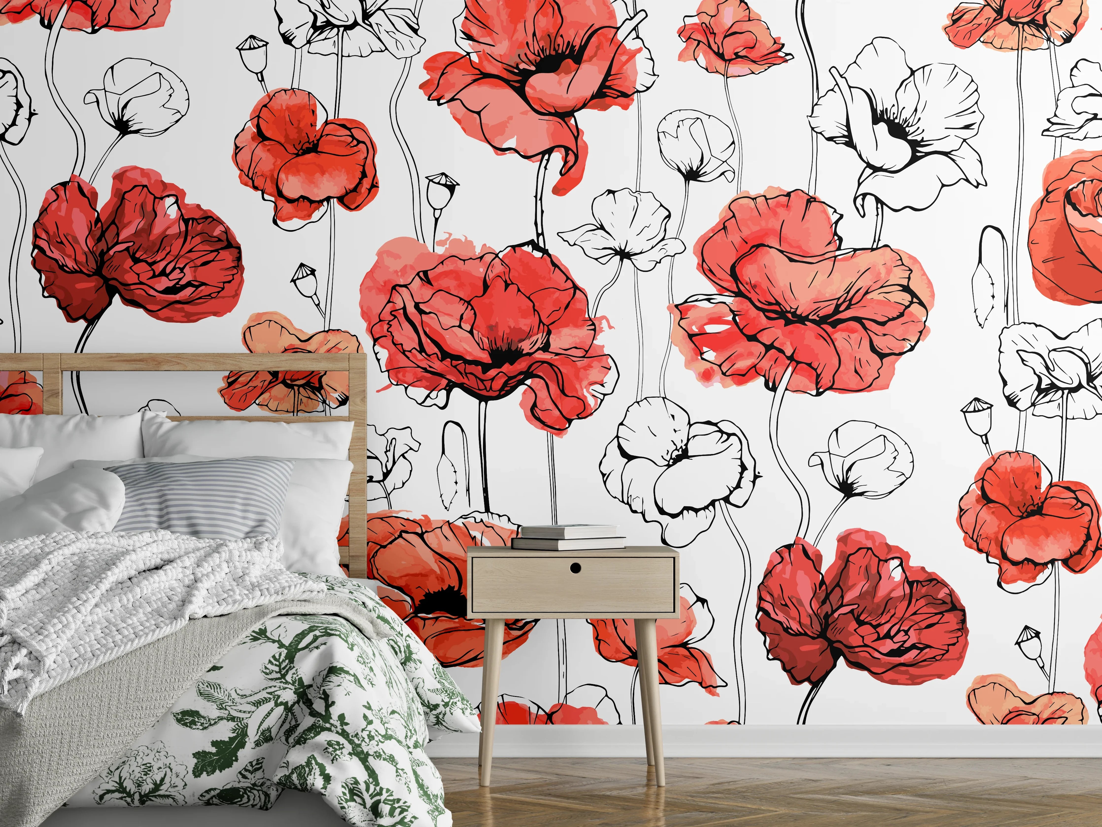Wandverkleidung Schlafzimmer - Rot-weiße Mohnblumenmuster