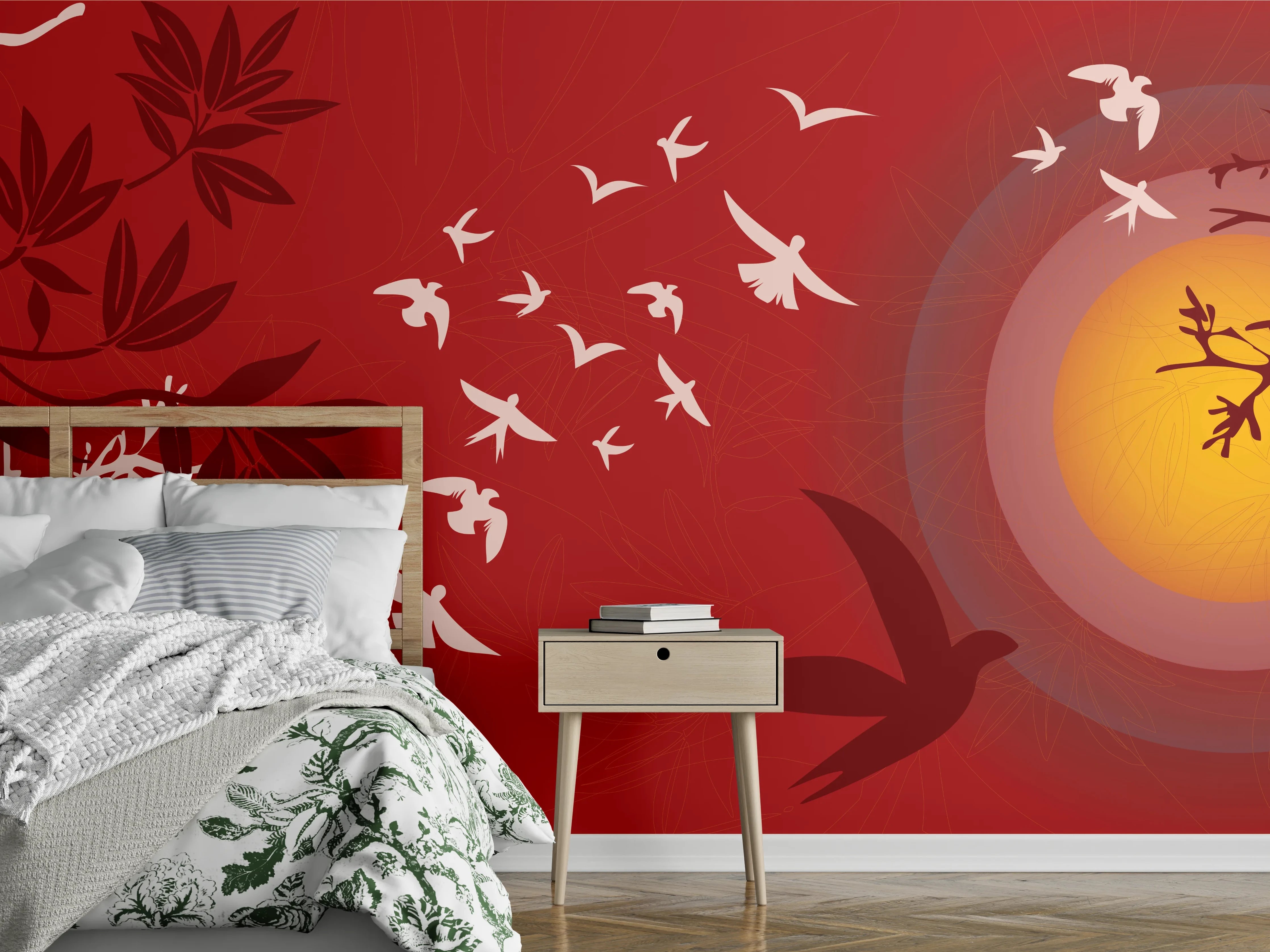 Wandverkleidung Schlafzimmer - Rote Abendstimmung Vögel Silhouetten