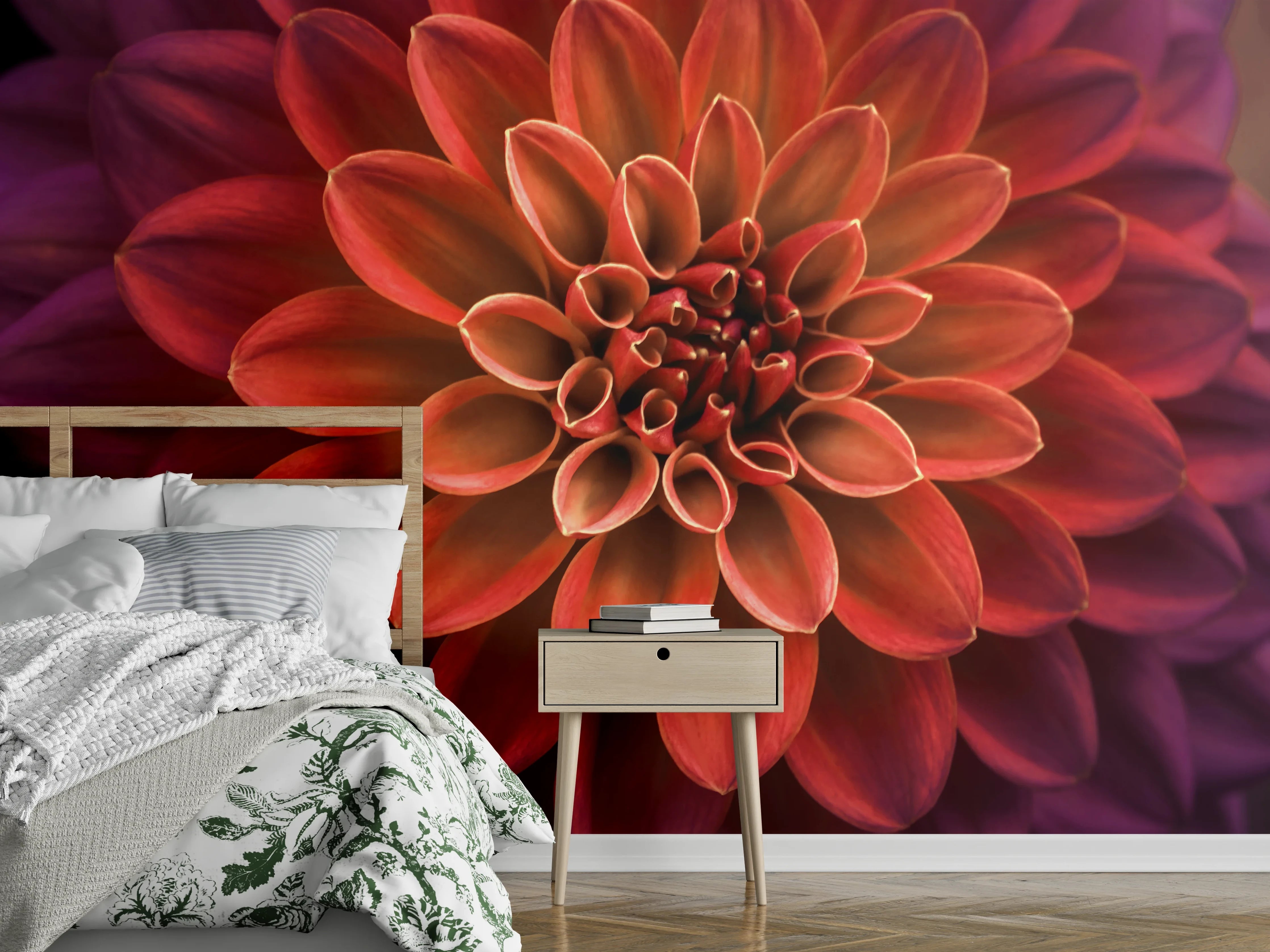 Wandverkleidung Schlafzimmer - Rote Dahlie Nahaufnahme Blüte