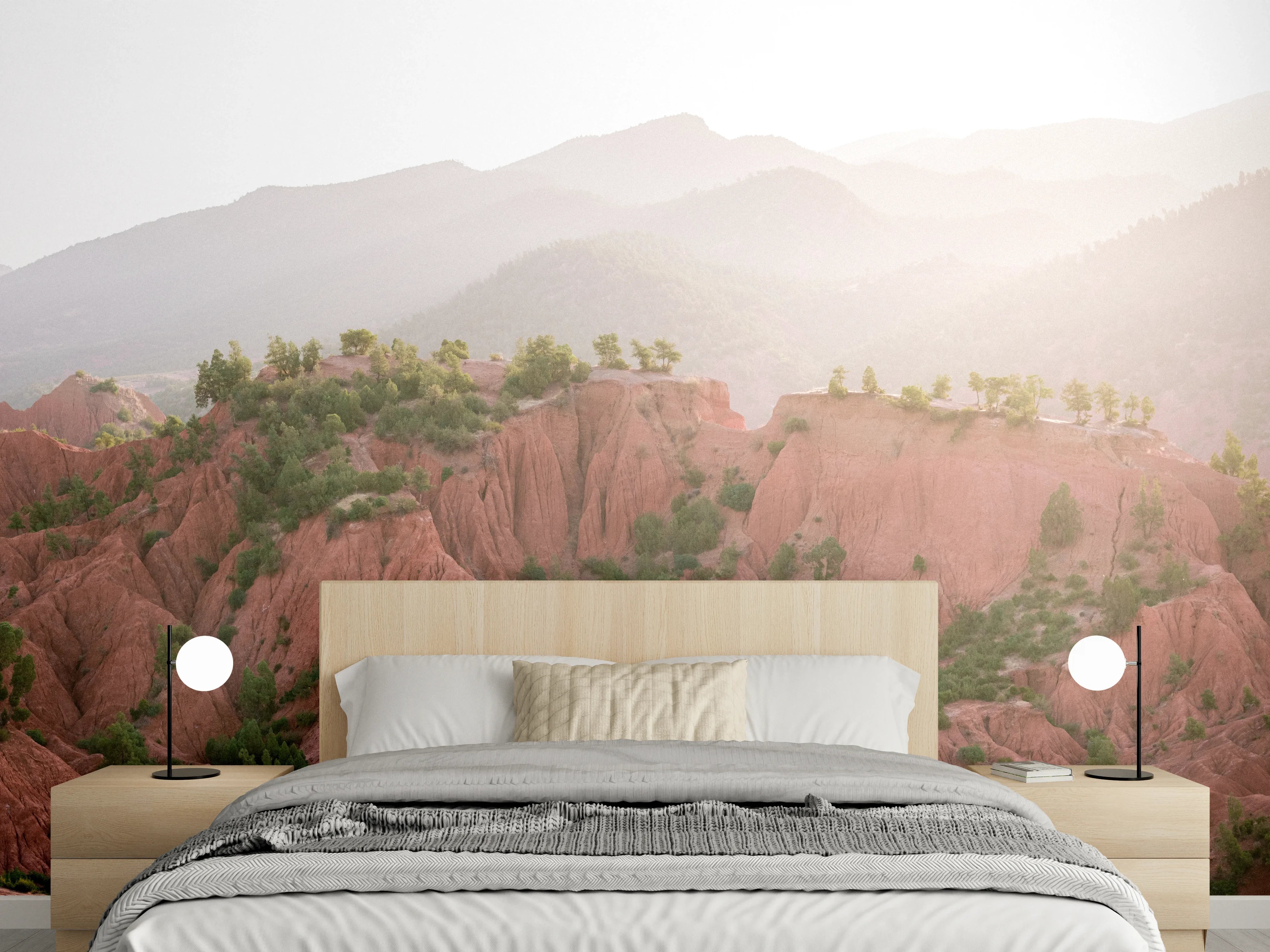 Wandverkleidung Schlafzimmer - Rote Felsen im Sonnenlicht Panorama