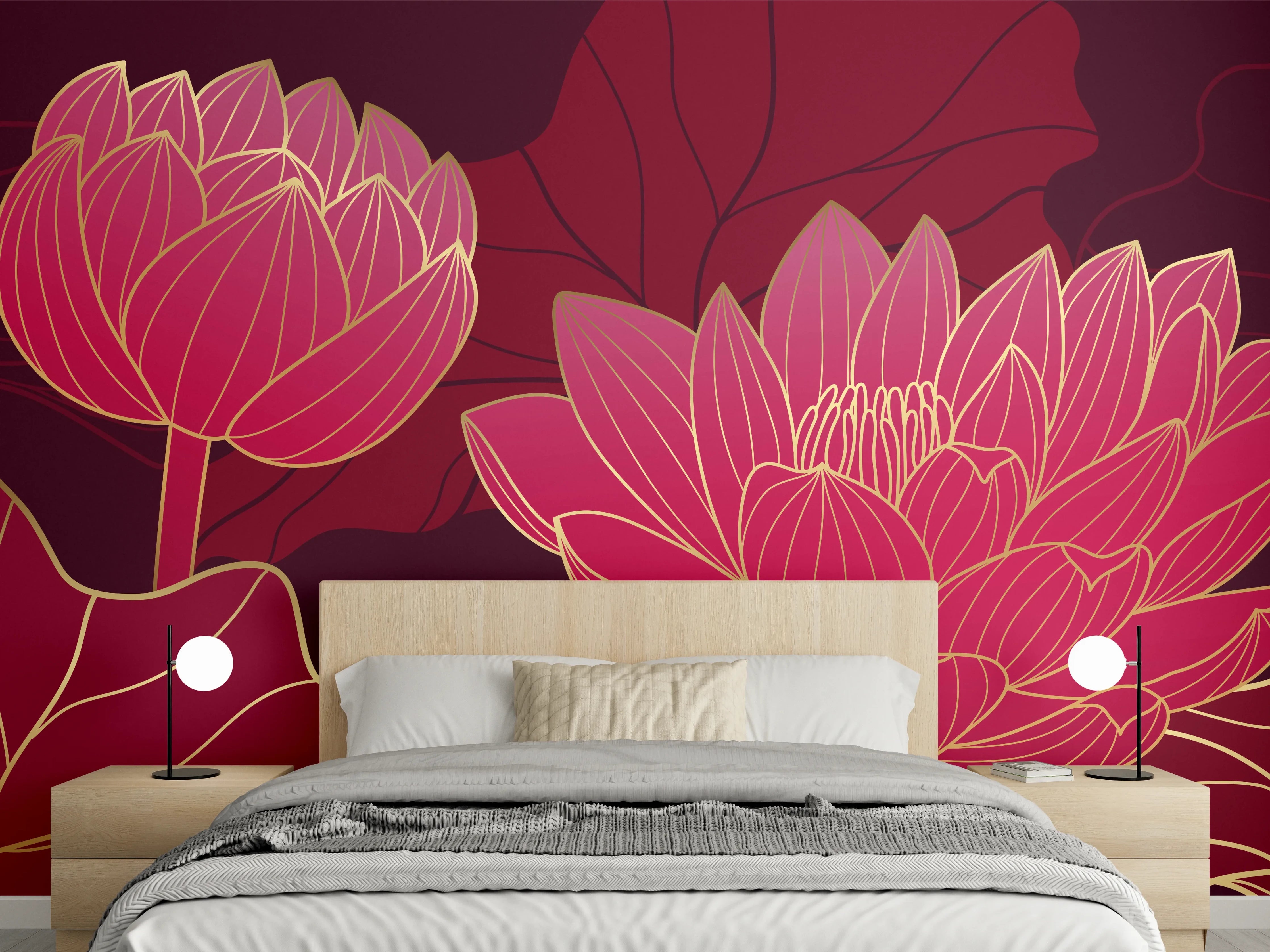 Wandverkleidung Schlafzimmer - Rote Lotusblüten Lineart Design
