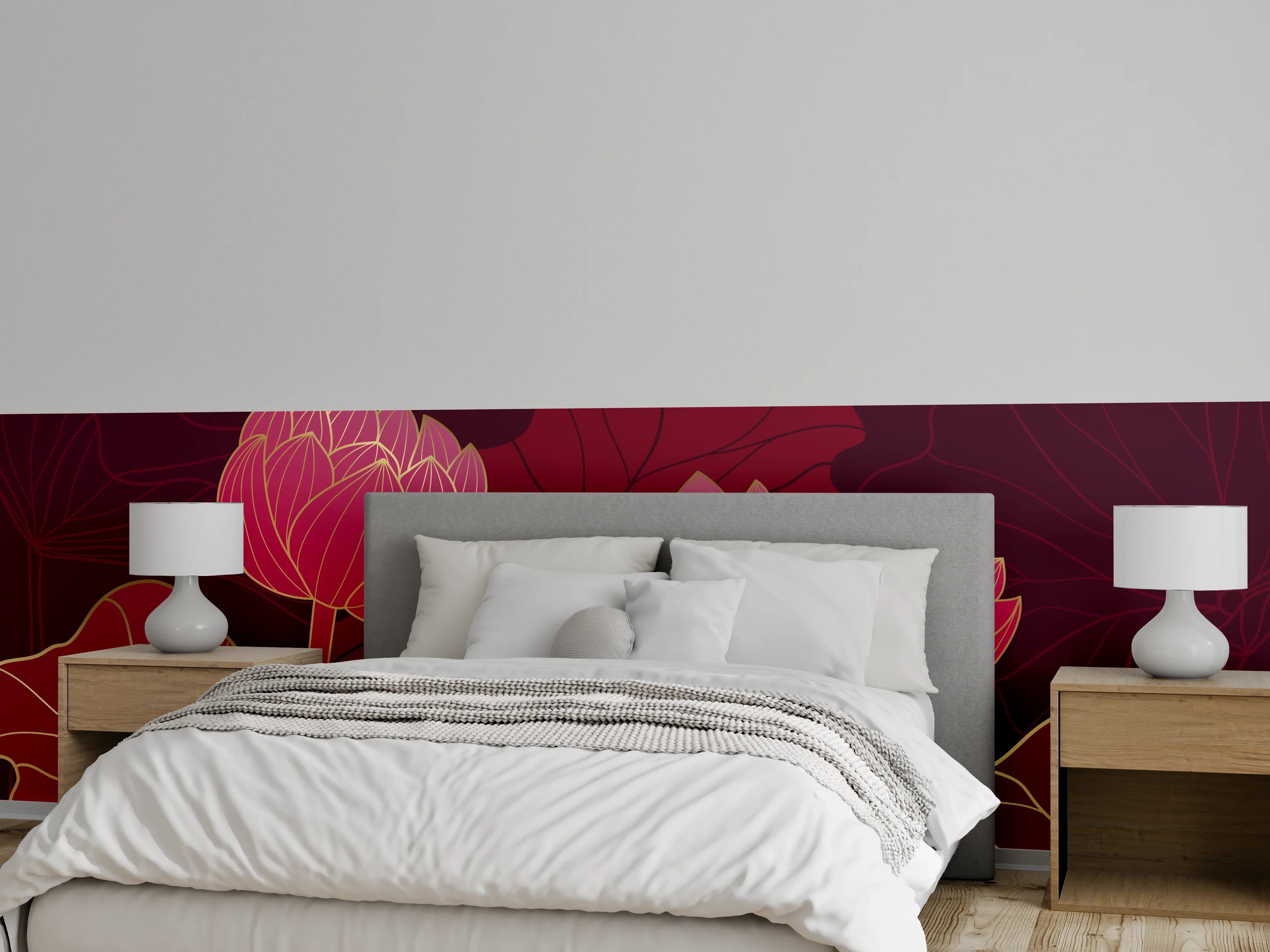 Wandverkleidung Schlafzimmer - Rote Lotusblüten Lineart Design