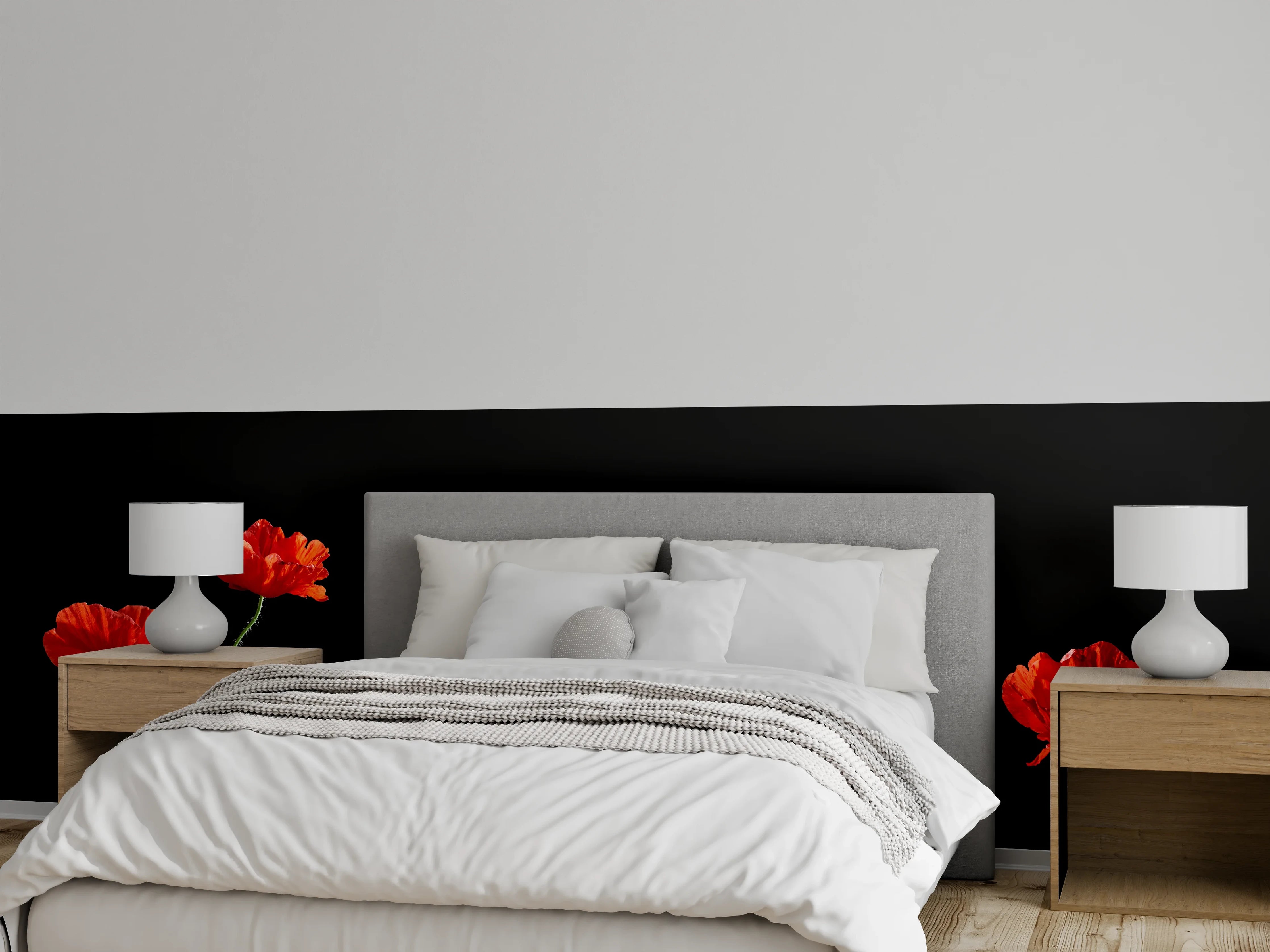 Wandverkleidung Schlafzimmer - Rote Mohnblumen auf Schwarz