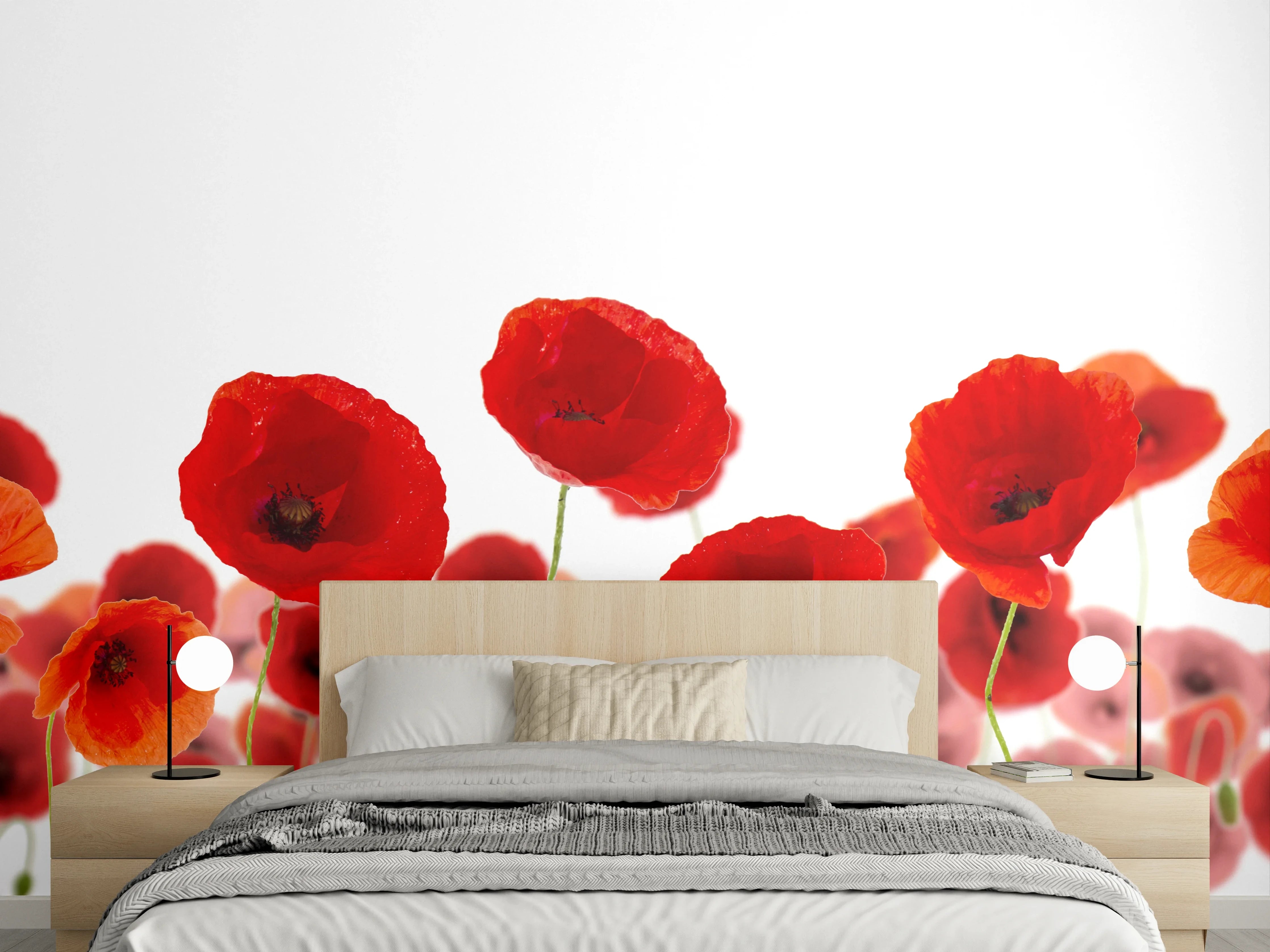 Wandverkleidung Schlafzimmer - Rote Mohnblumen auf weißem Hintergrund
