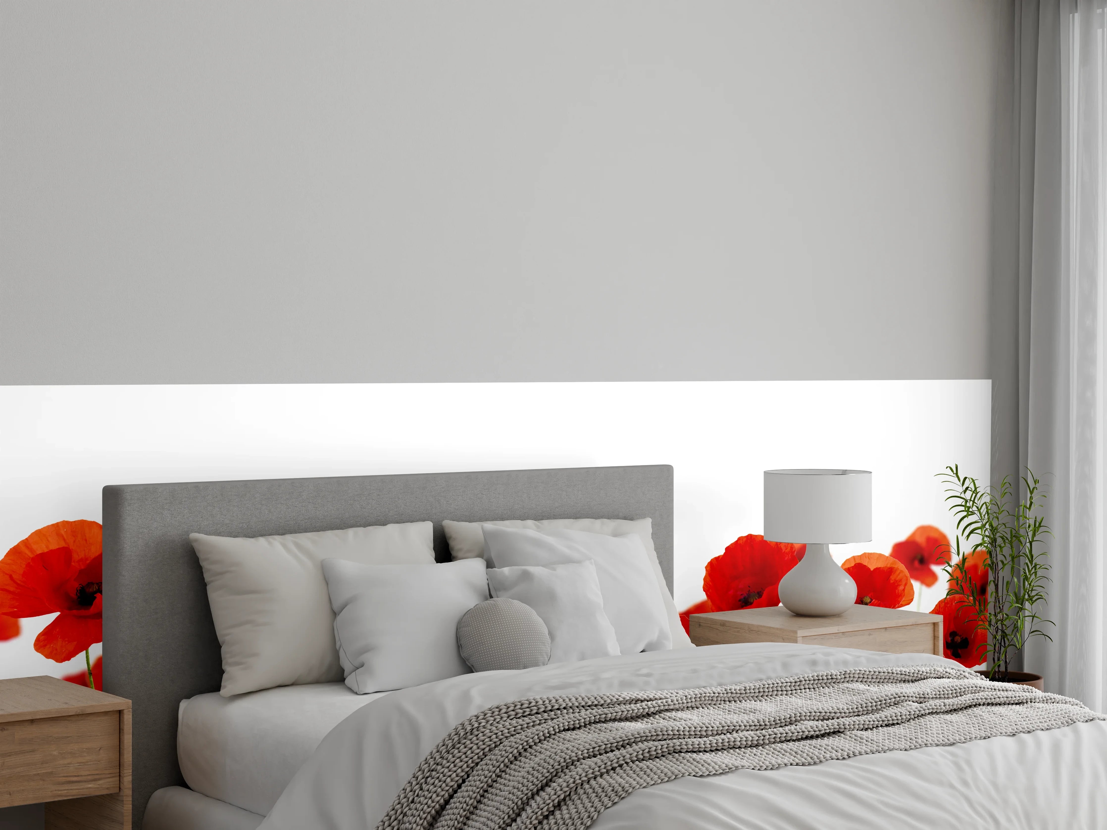 Wandverkleidung Schlafzimmer - Rote Mohnblumen auf weißem Hintergrund
