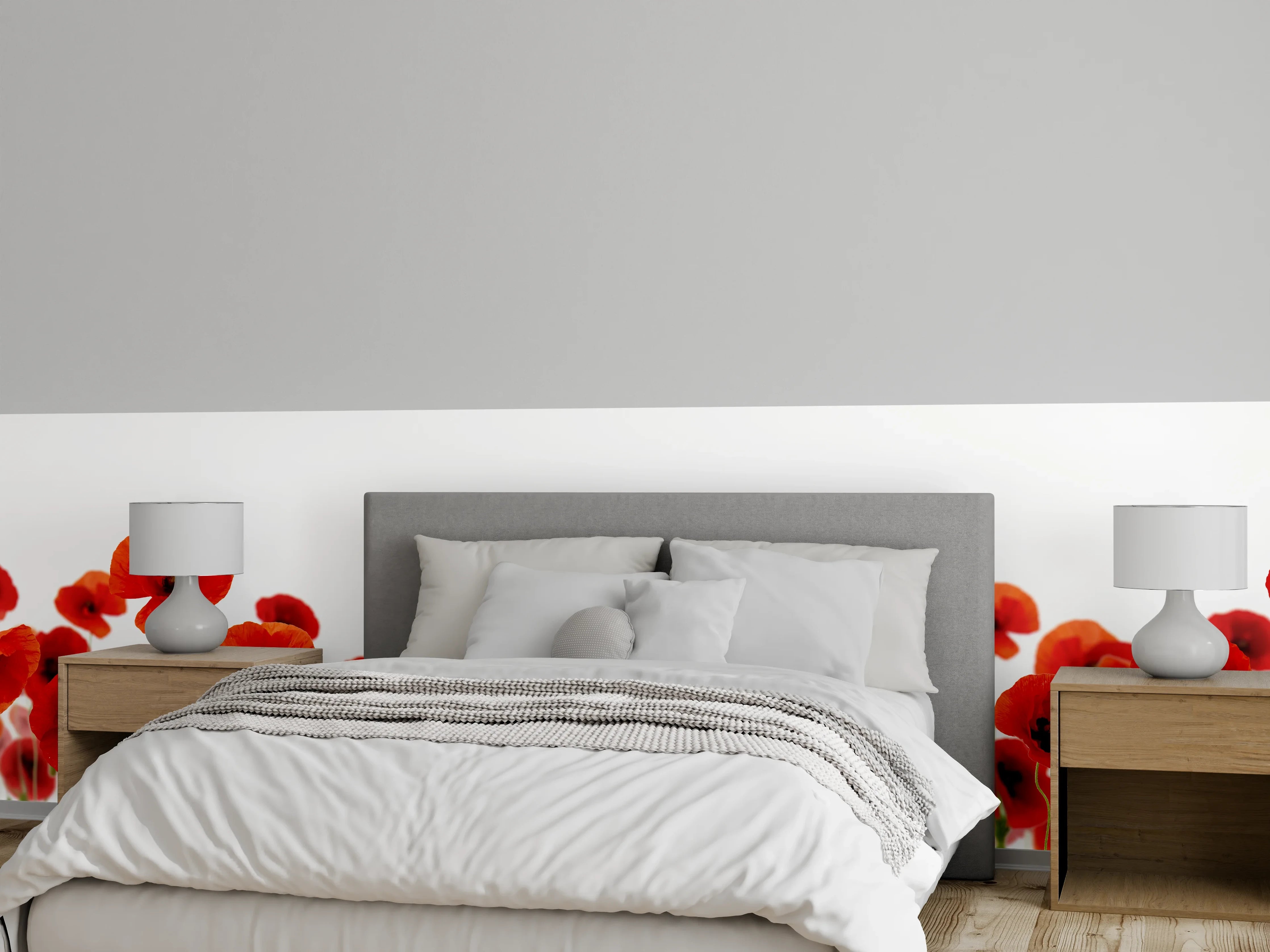 Wandverkleidung Schlafzimmer - Rote Mohnblumen auf weißem Hintergrund