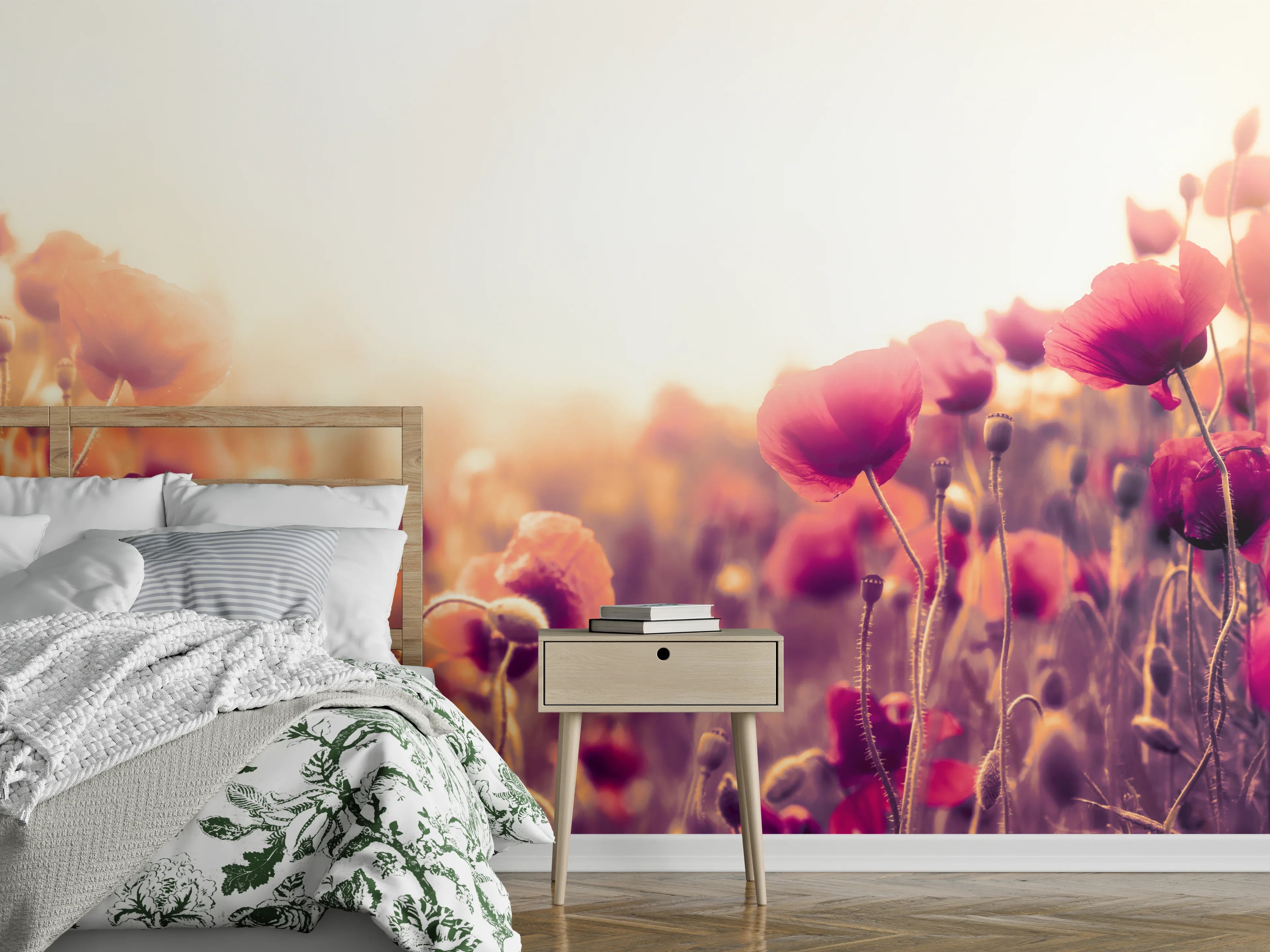 Wandverkleidung Schlafzimmer - Rote Mohnblumen in der Sonne