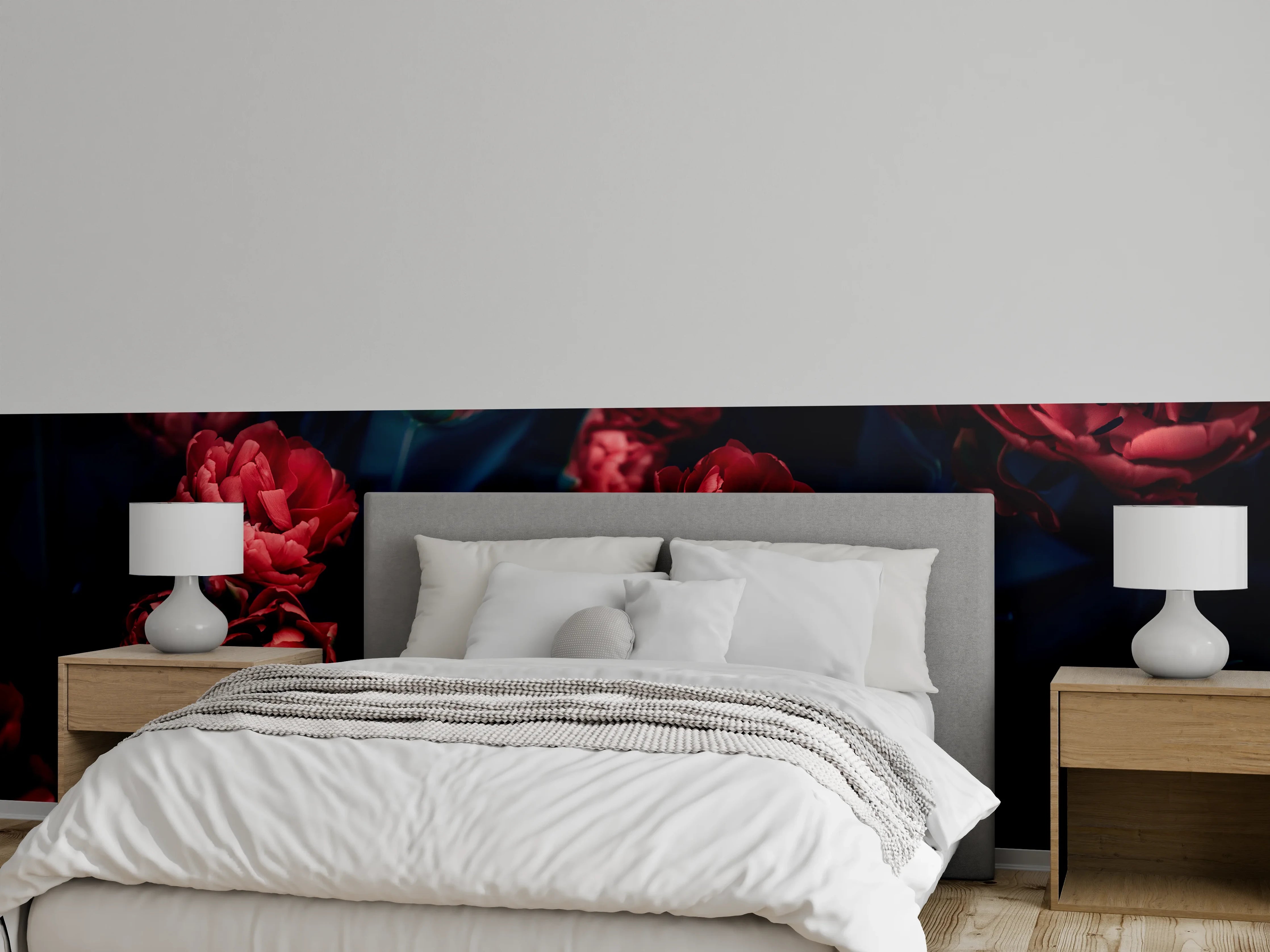Wandverkleidung Schlafzimmer - Rote Pfingstrosen im dunklen Look