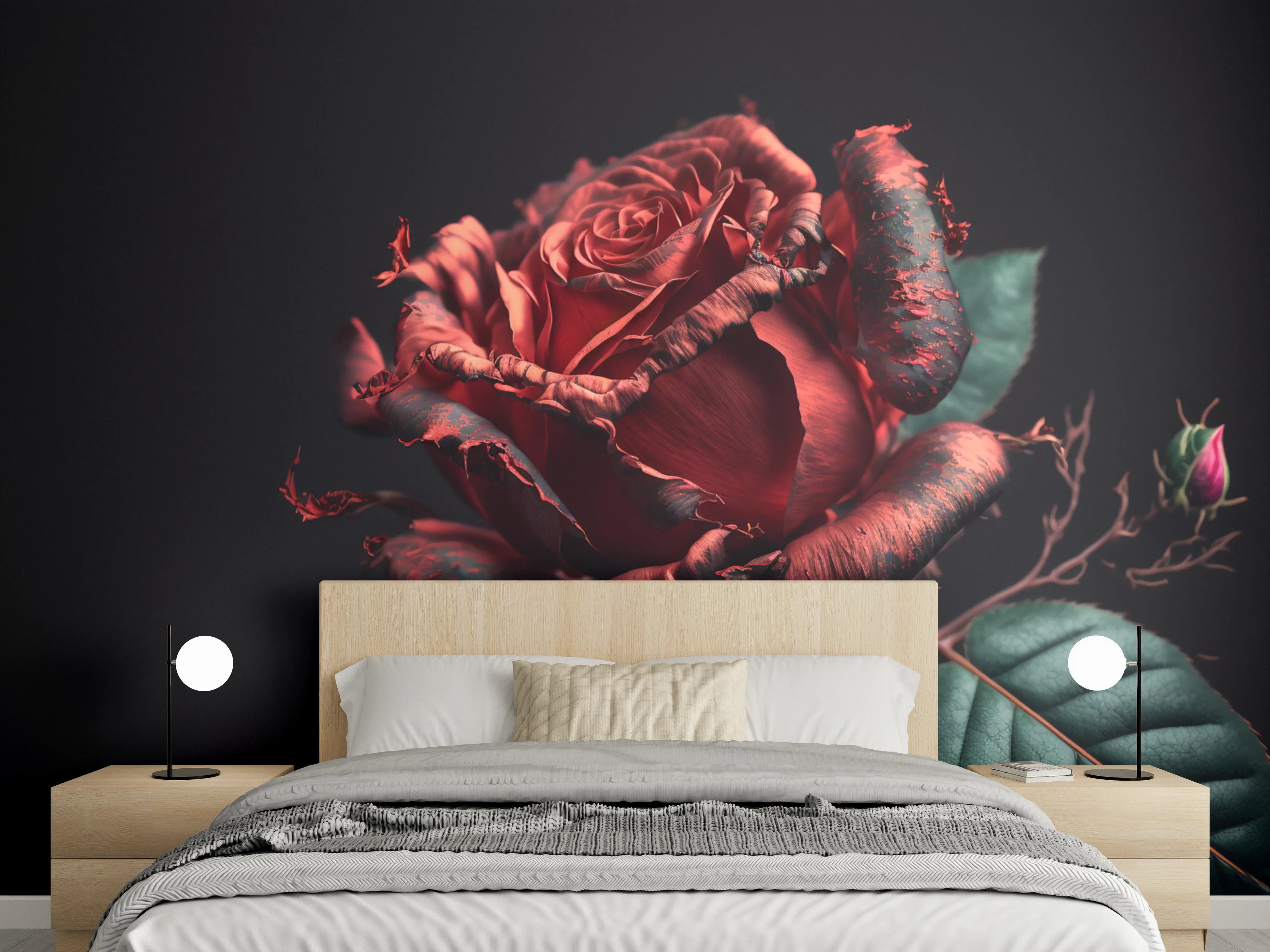 Wandverkleidung Schlafzimmer - Rote Rose mit Vintage-Charme