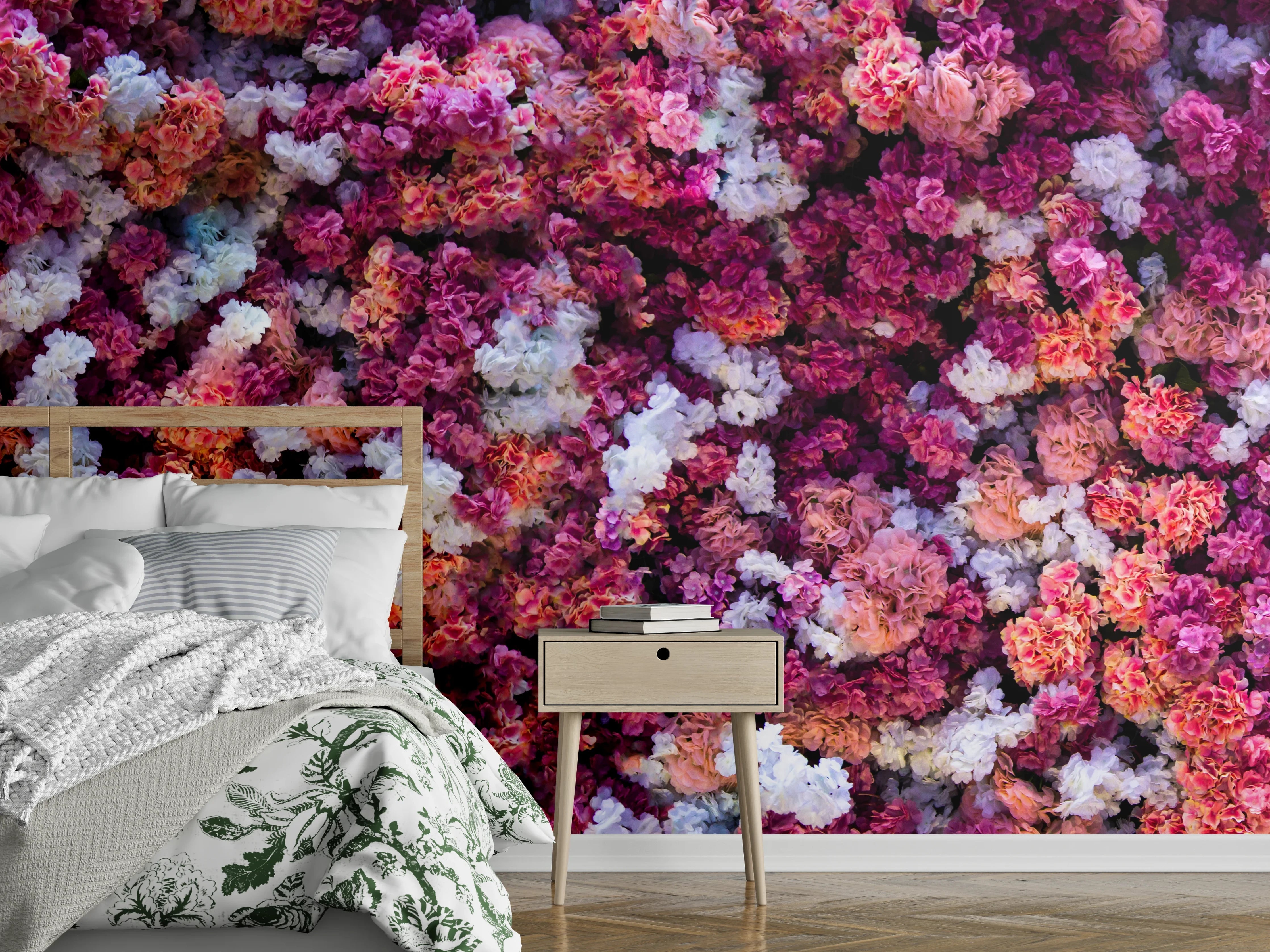 Wandverkleidung Schlafzimmer - Rote-Weiße Blumenwand Natur