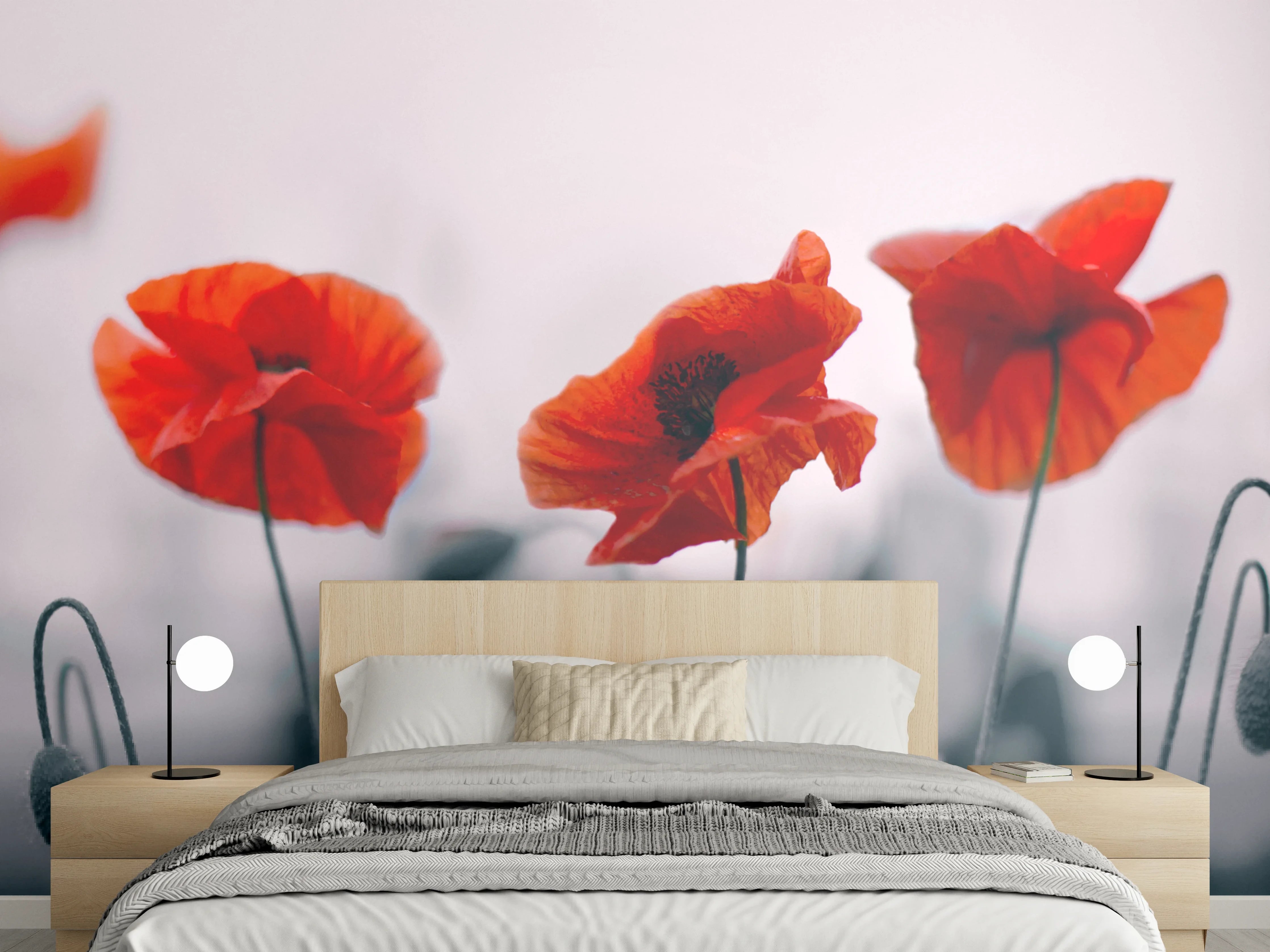 Wandverkleidung Schlafzimmer - Roter Mohn auf hellem Hintergrund
