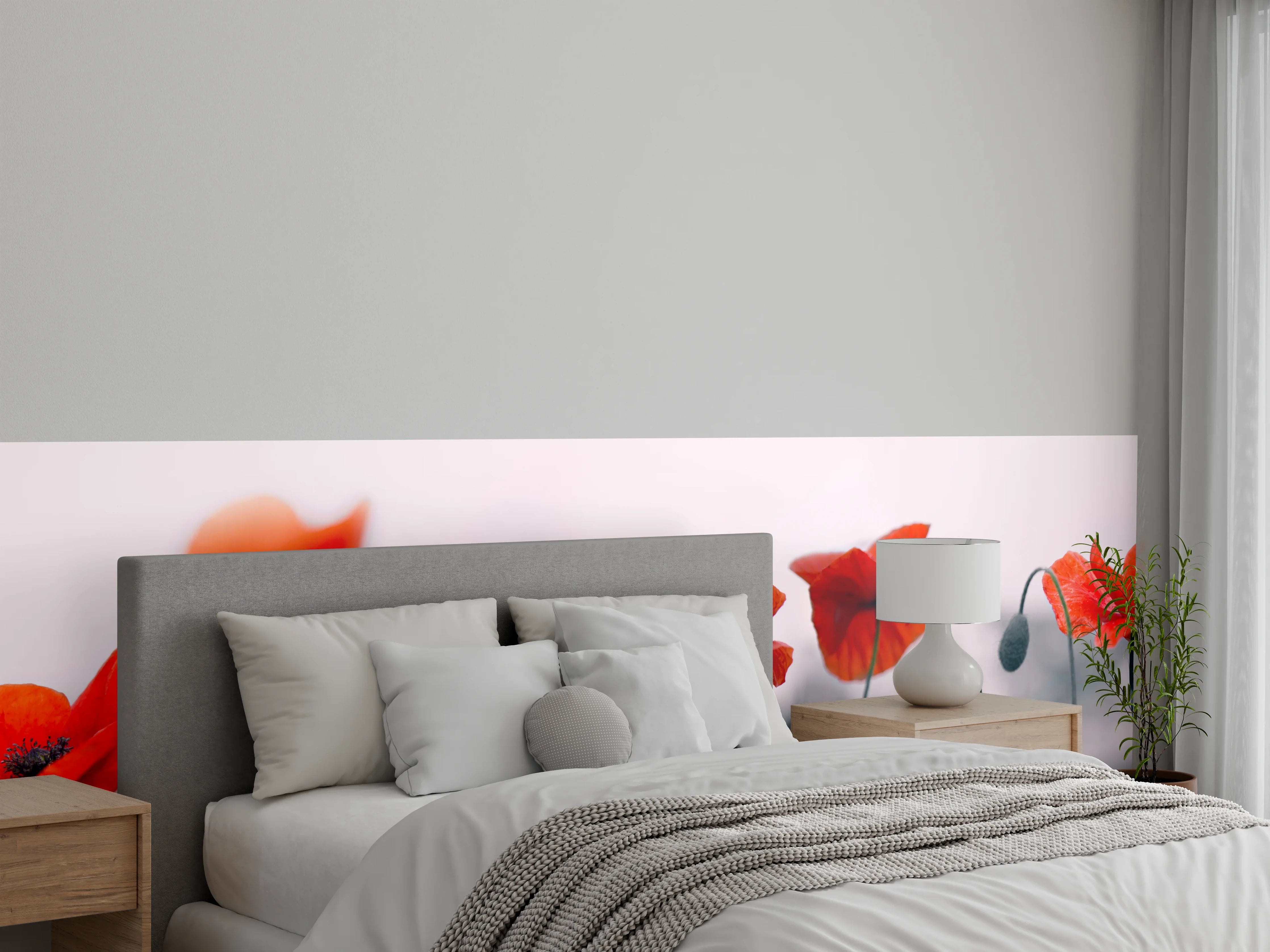 Wandverkleidung Schlafzimmer - Roter Mohn auf hellem Hintergrund