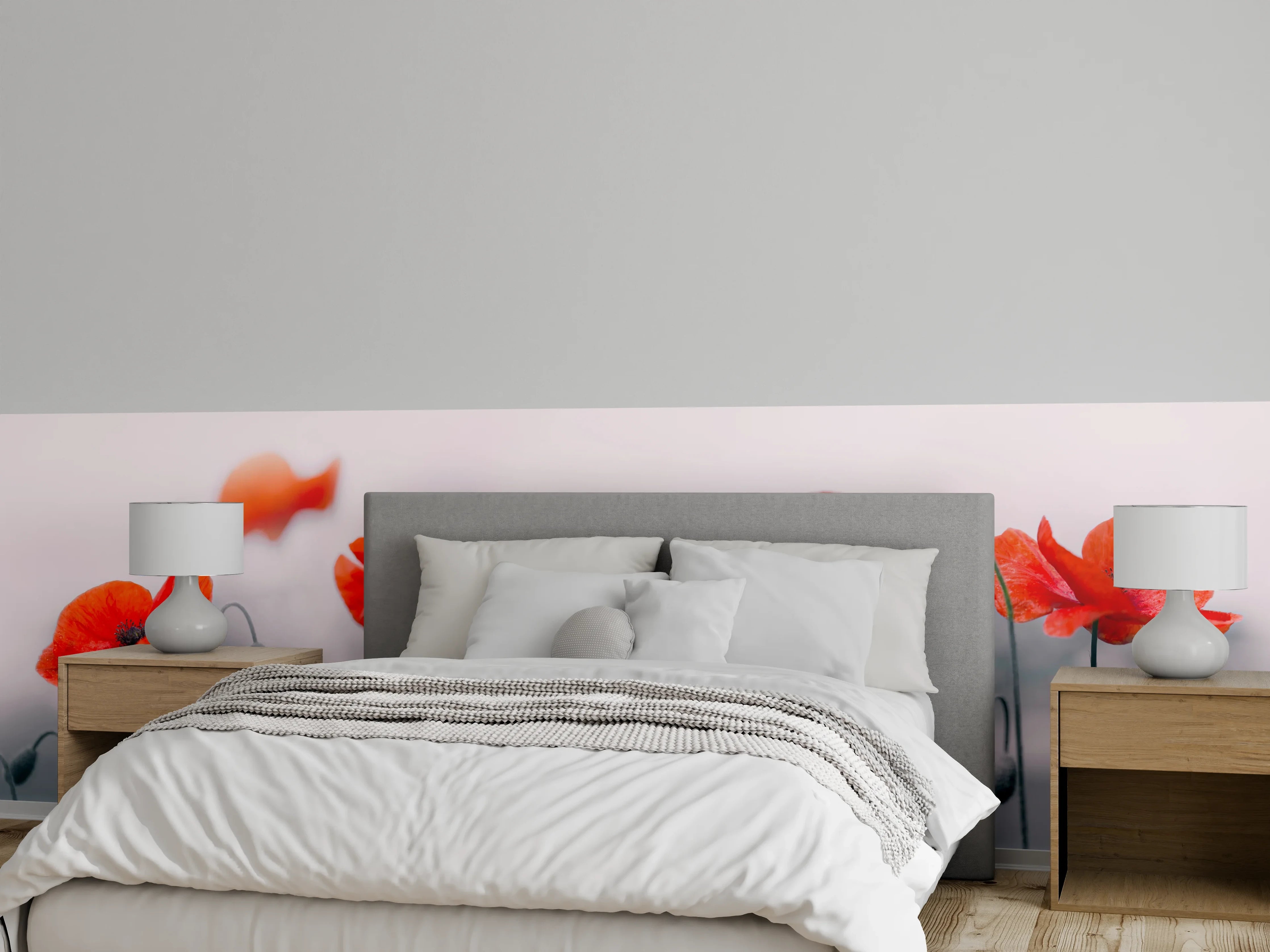 Wandverkleidung Schlafzimmer - Roter Mohn auf hellem Hintergrund