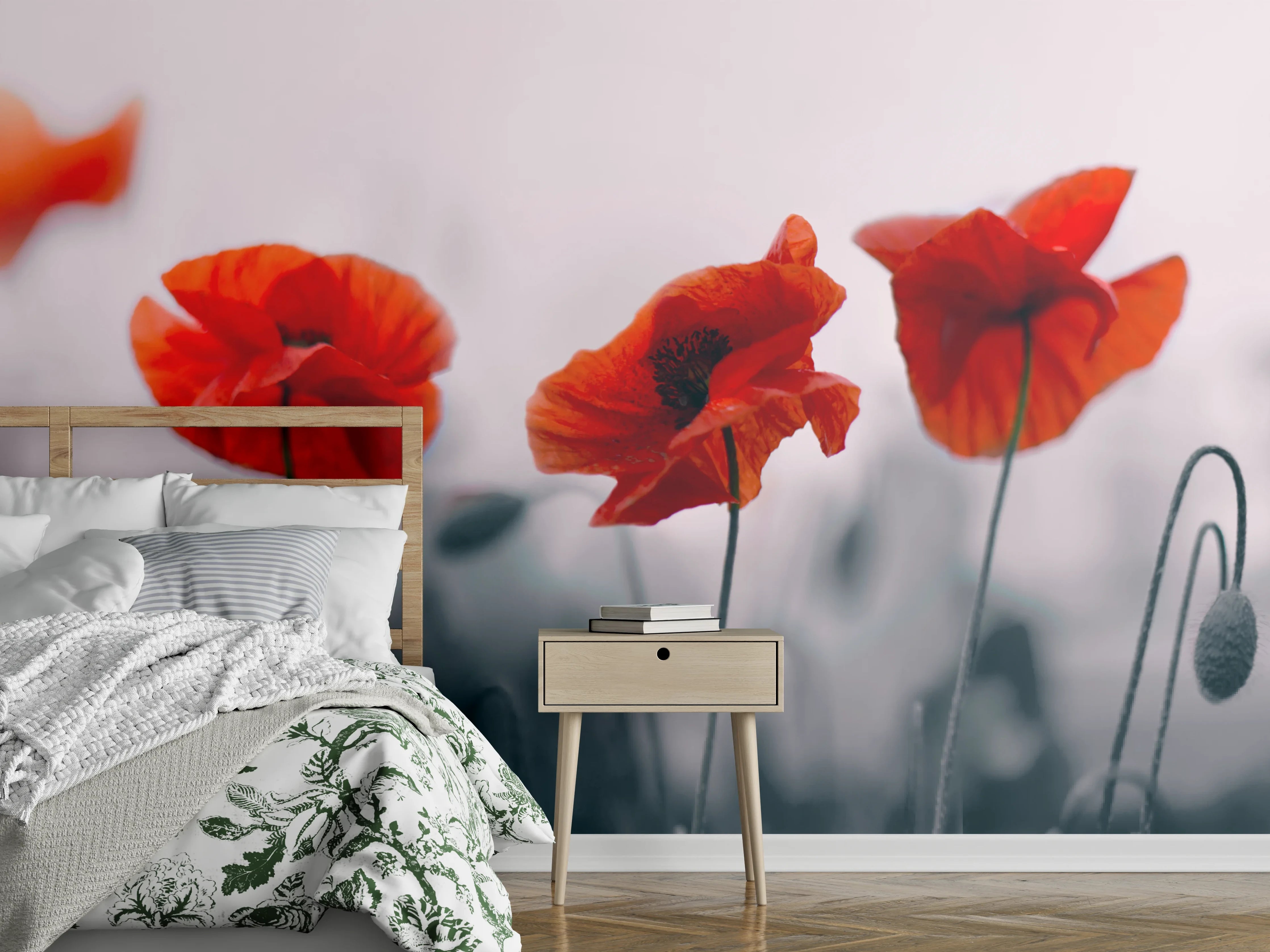 Wandverkleidung Schlafzimmer - Roter Mohn auf hellem Hintergrund