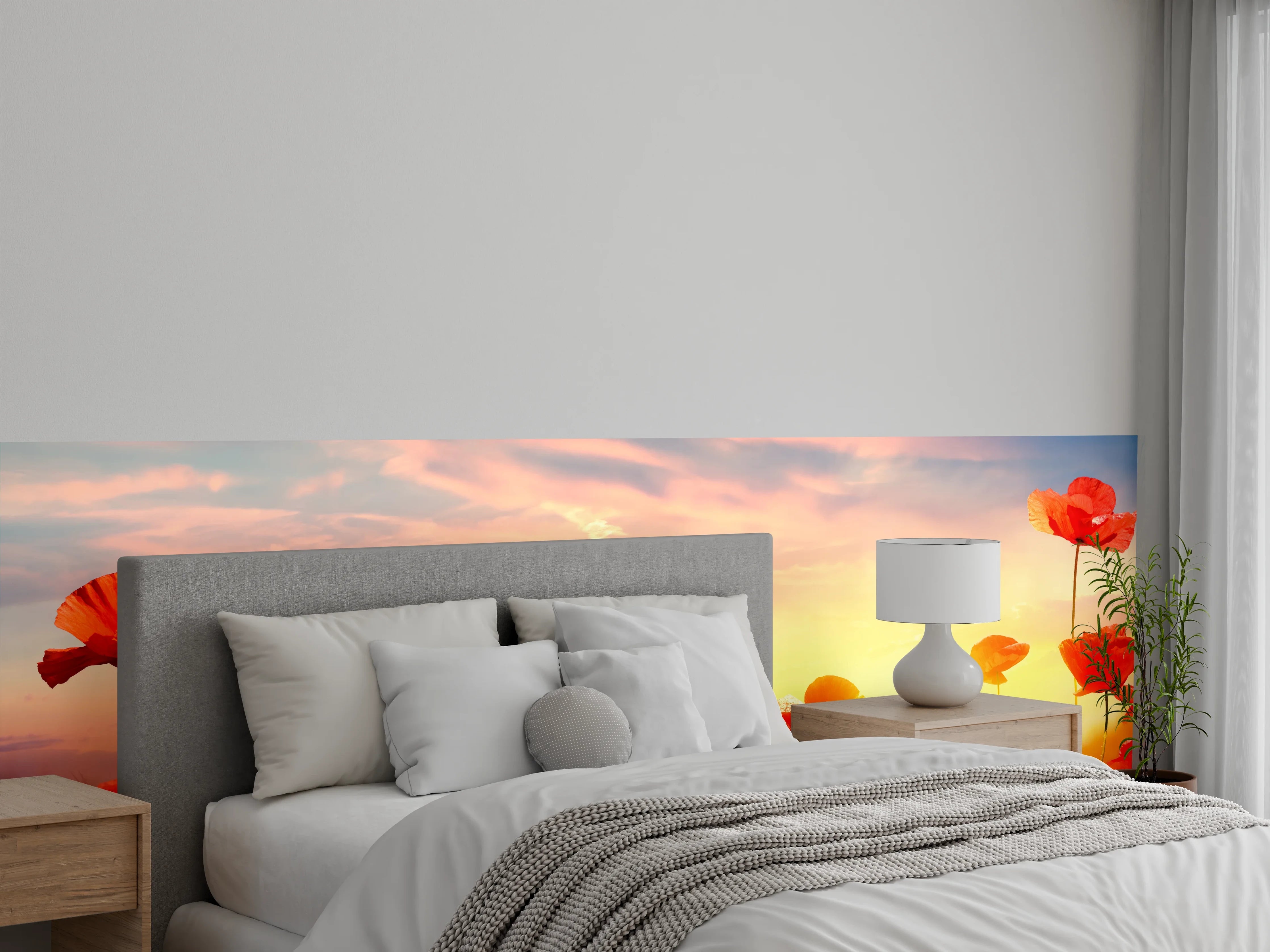 Wandverkleidung Schlafzimmer - Roter Mohnfeld Sonnenaufgang