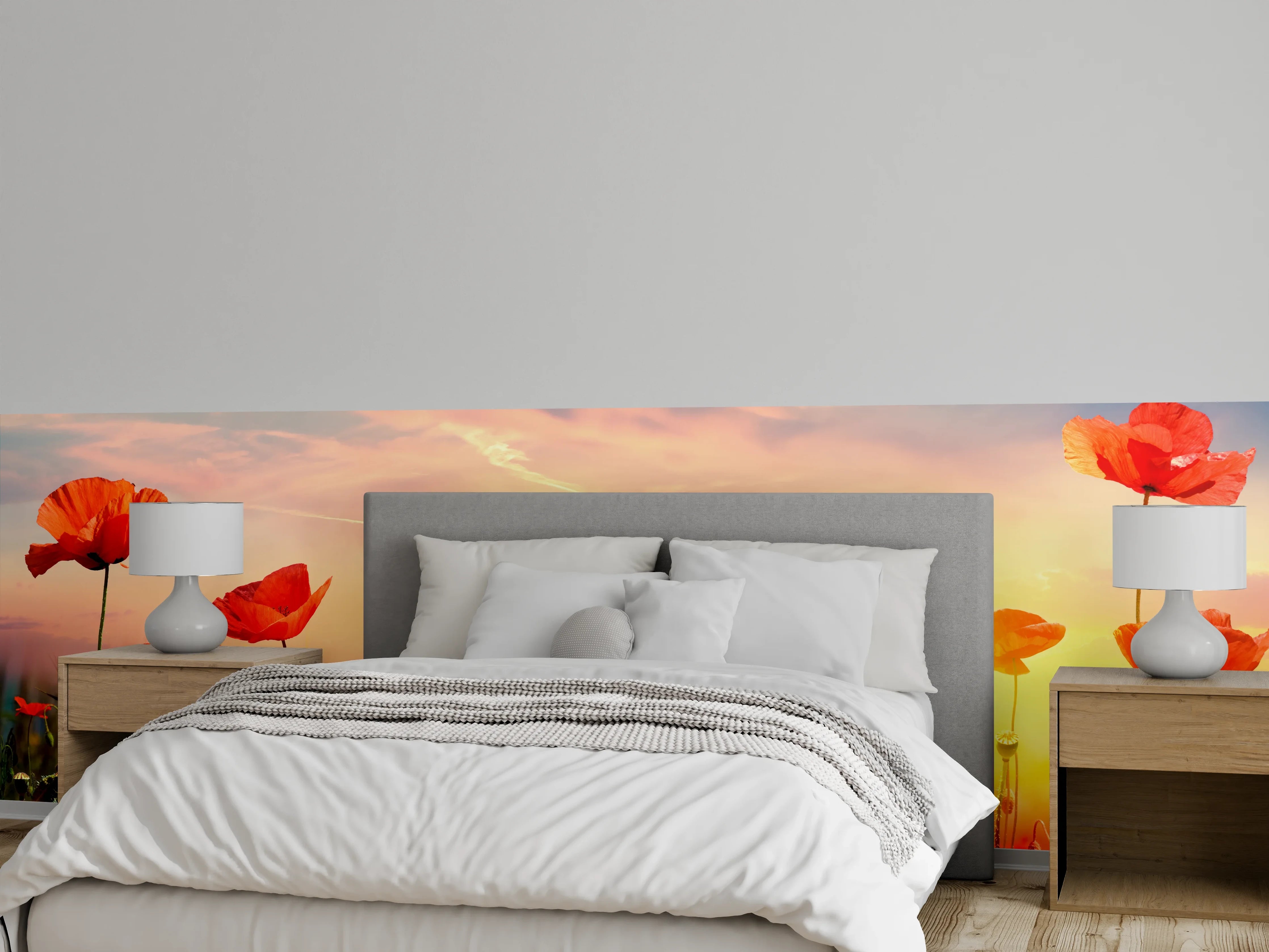 Wandverkleidung Schlafzimmer - Roter Mohnfeld Sonnenaufgang
