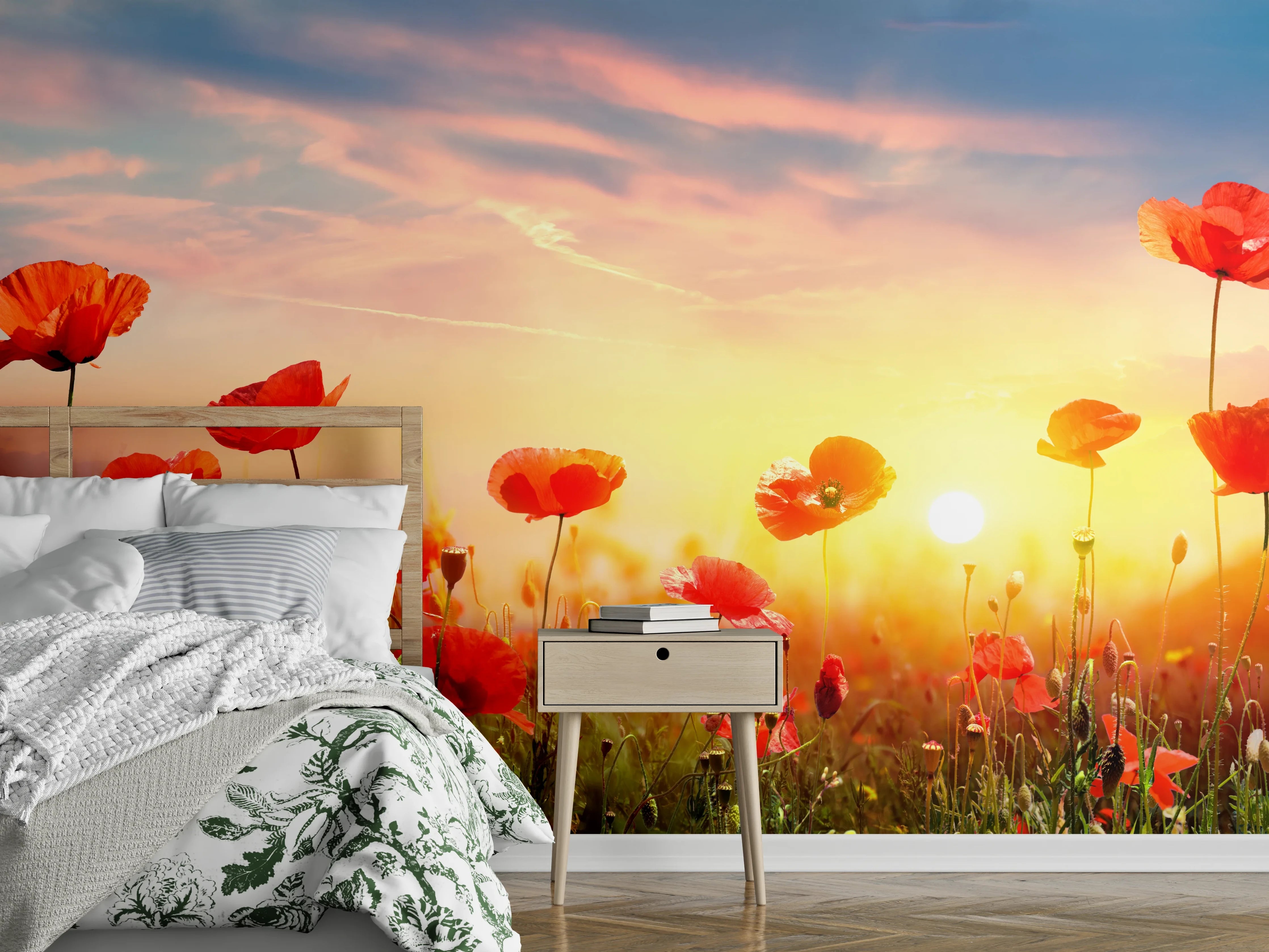 Wandverkleidung Schlafzimmer - Roter Mohnfeld Sonnenaufgang