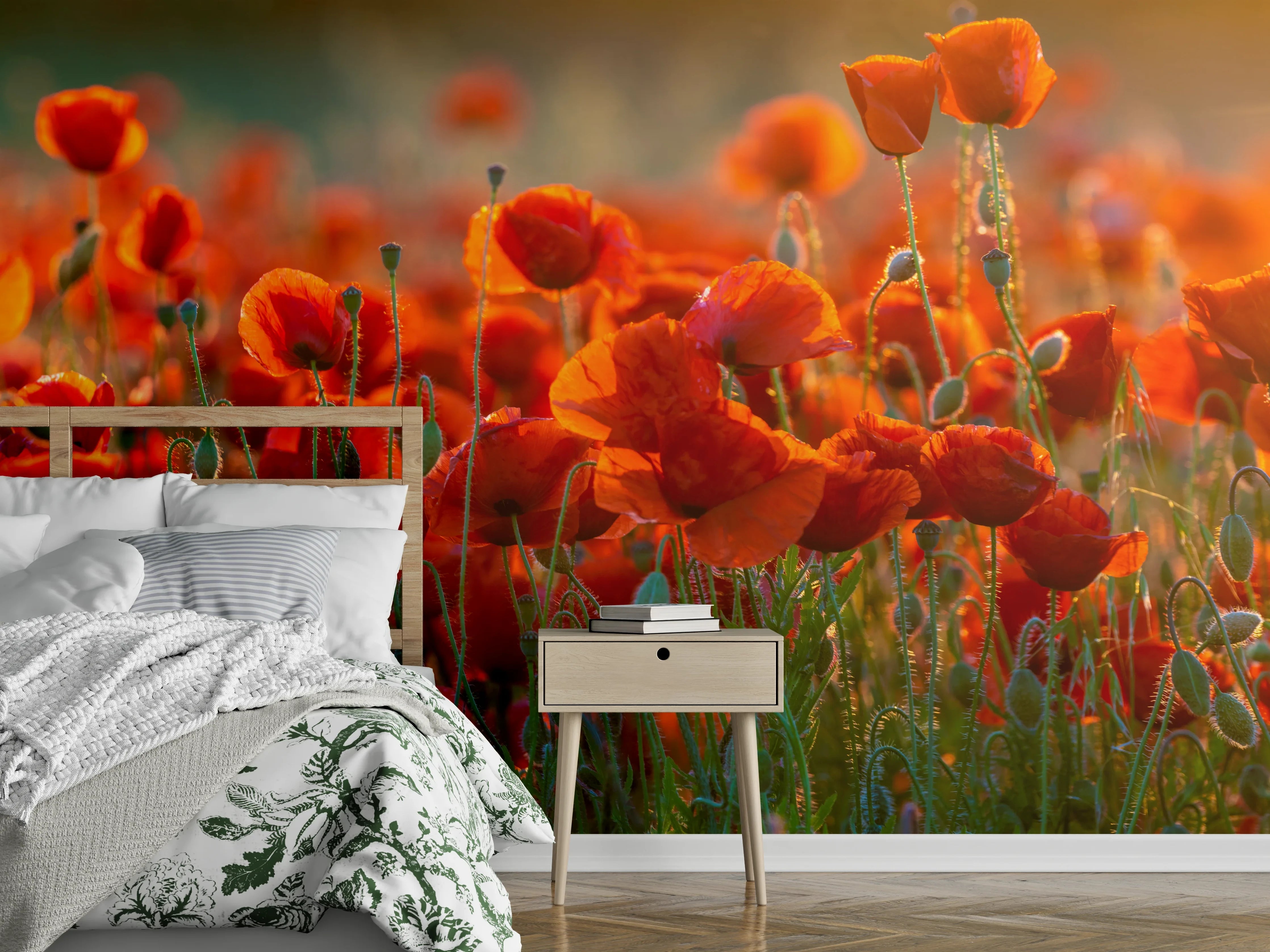 Wandverkleidung Schlafzimmer - Rotes Mohnfeld Panorama