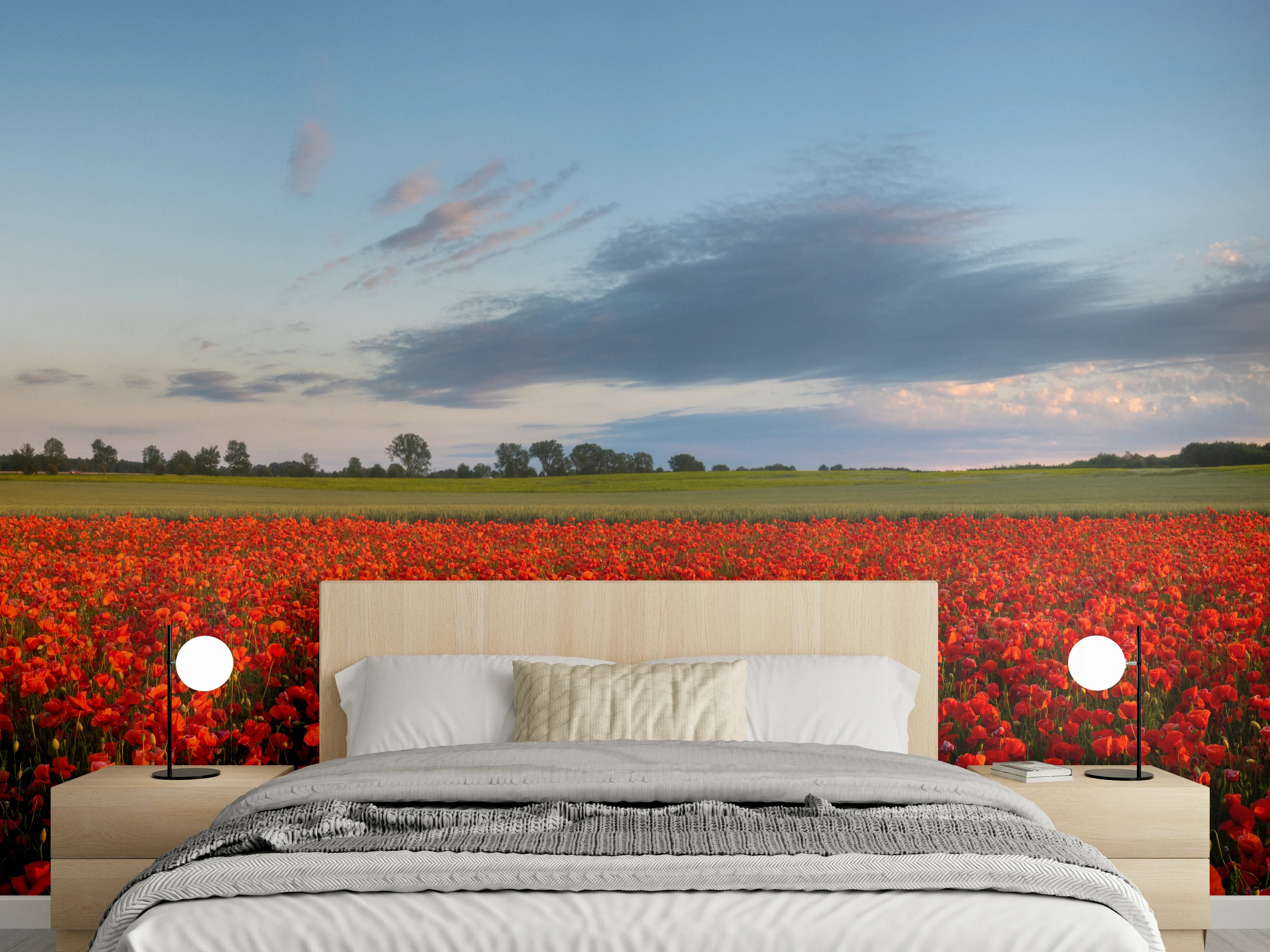 Wandverkleidung Schlafzimmer - Rotes Mohnfeld unter blauem Himmel