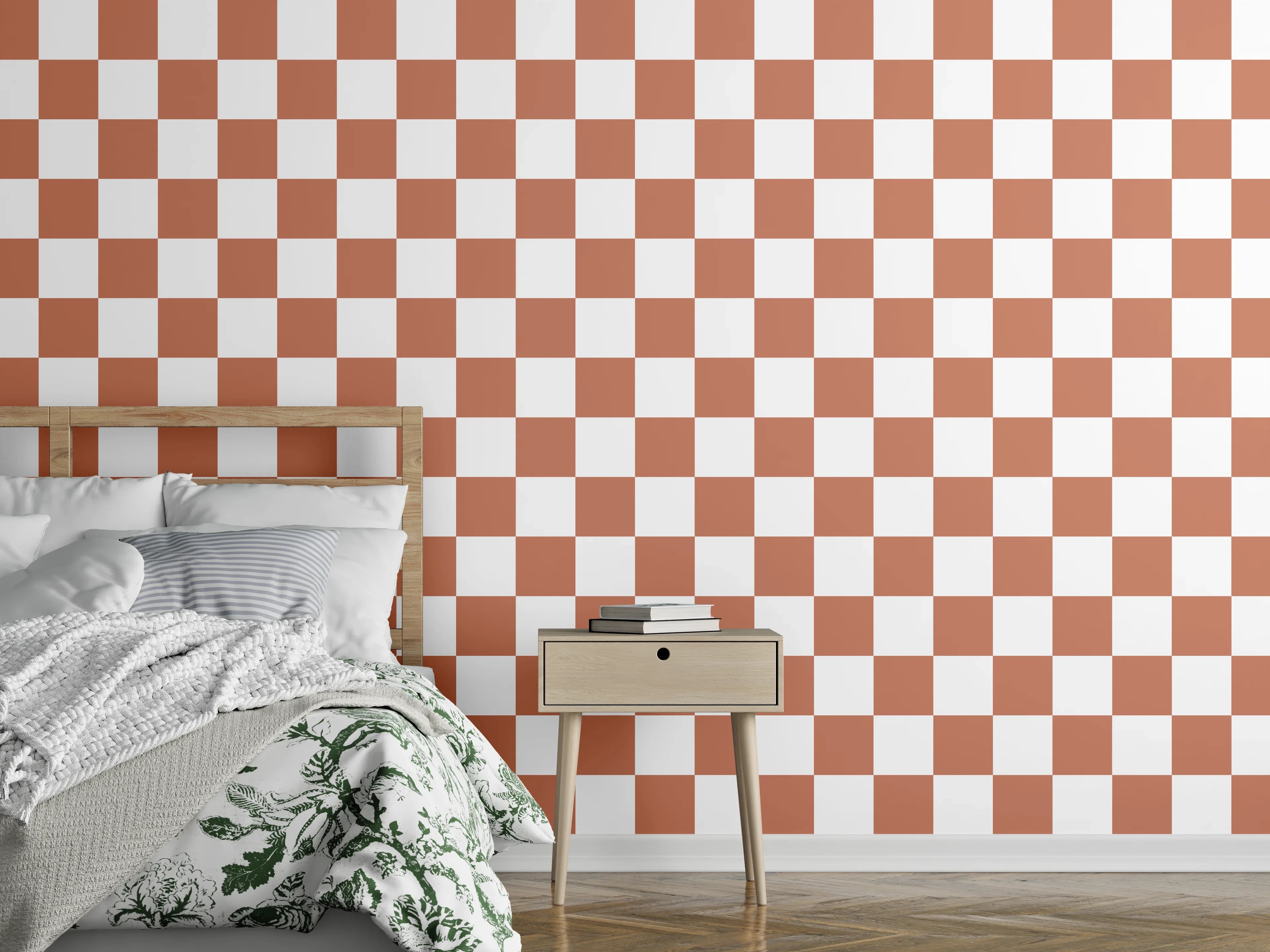 Wandverkleidung Schlafzimmer - Rotes Schachbrettmuster auf Weiß