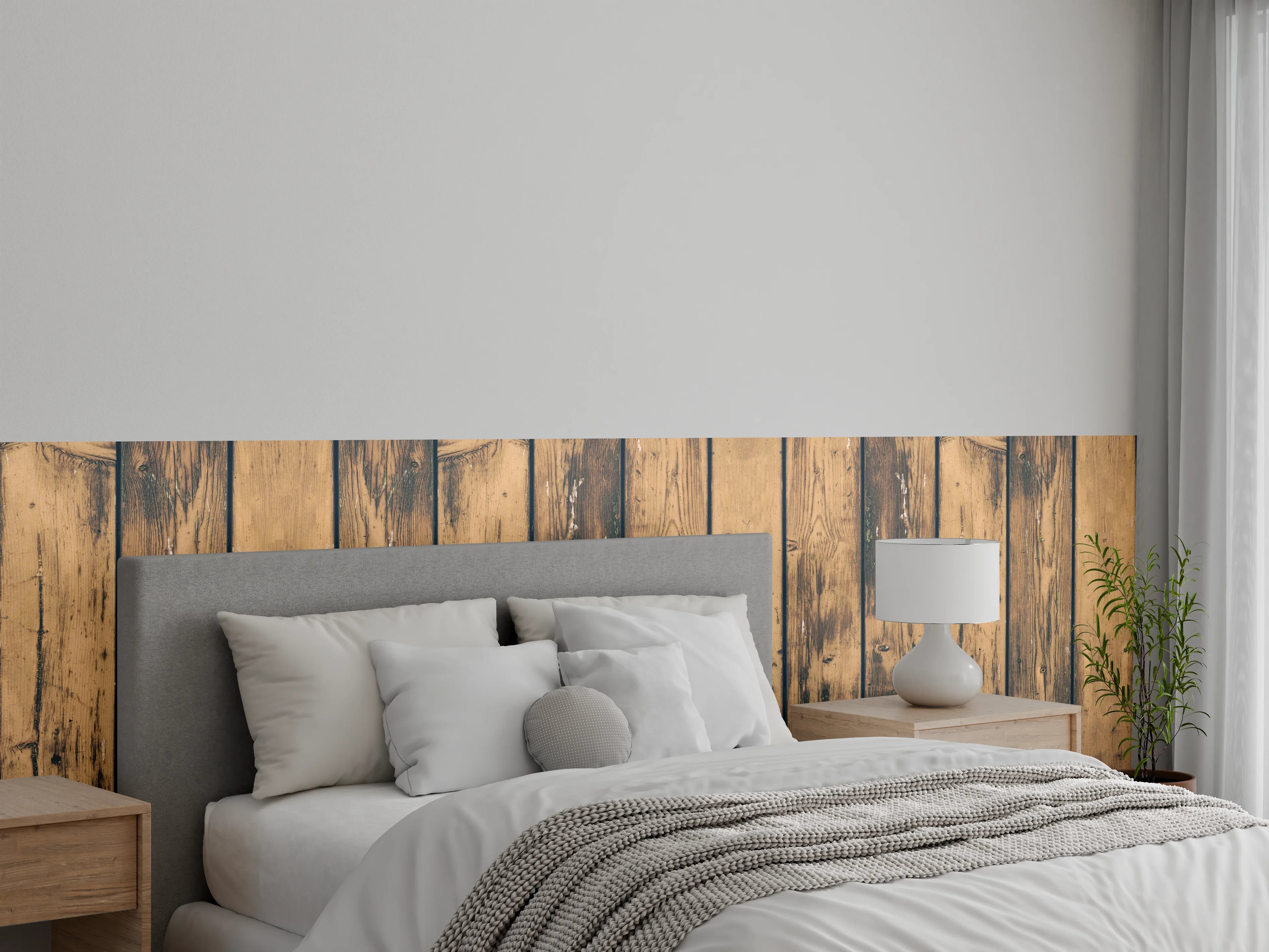 Wandverkleidung Schlafzimmer - Rustikale Holzwand-Optik in warmen Braun- und Beigetönen