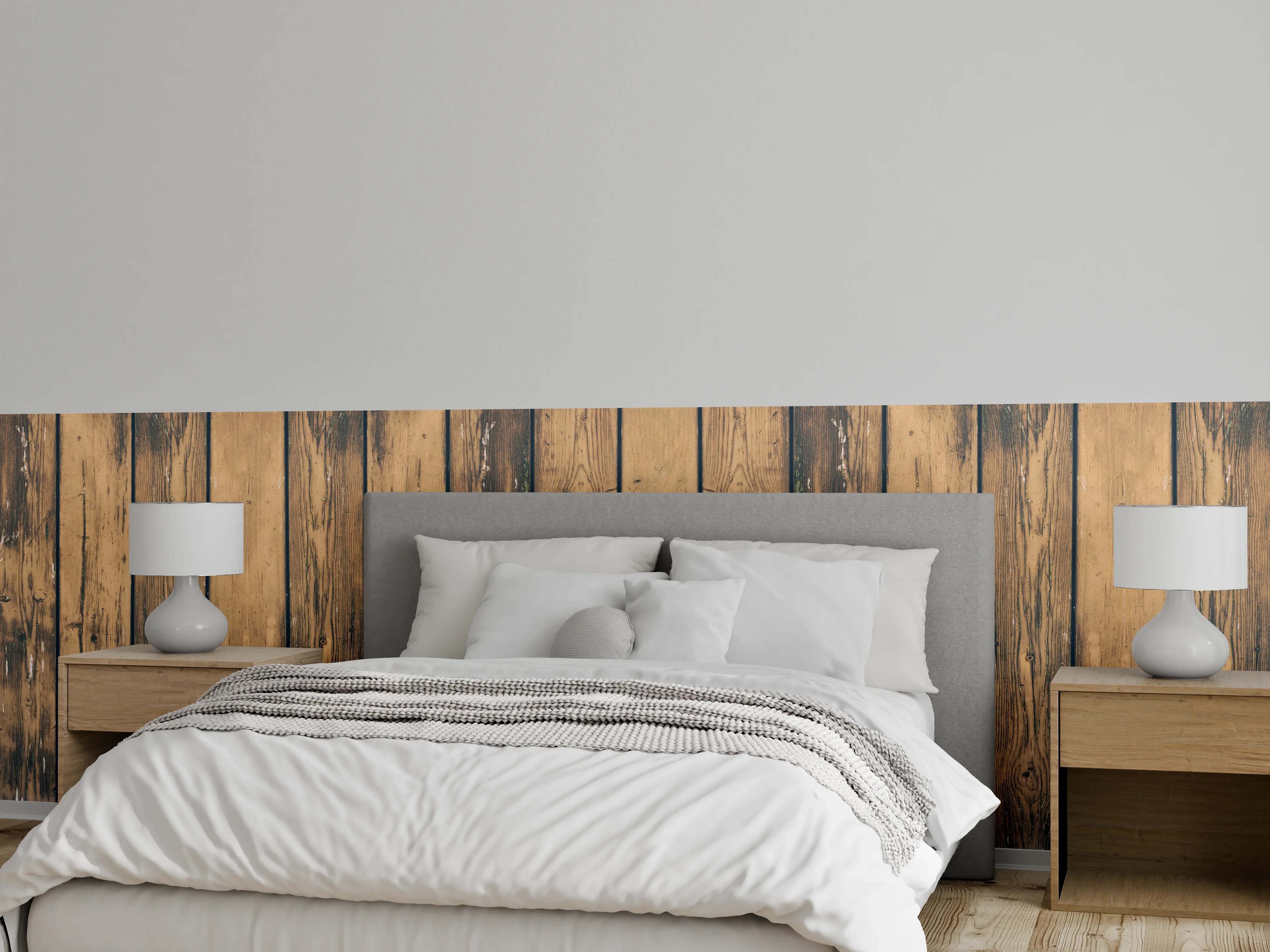 Wandverkleidung Schlafzimmer - Rustikale Holzwand-Optik in warmen Braun- und Beigetönen