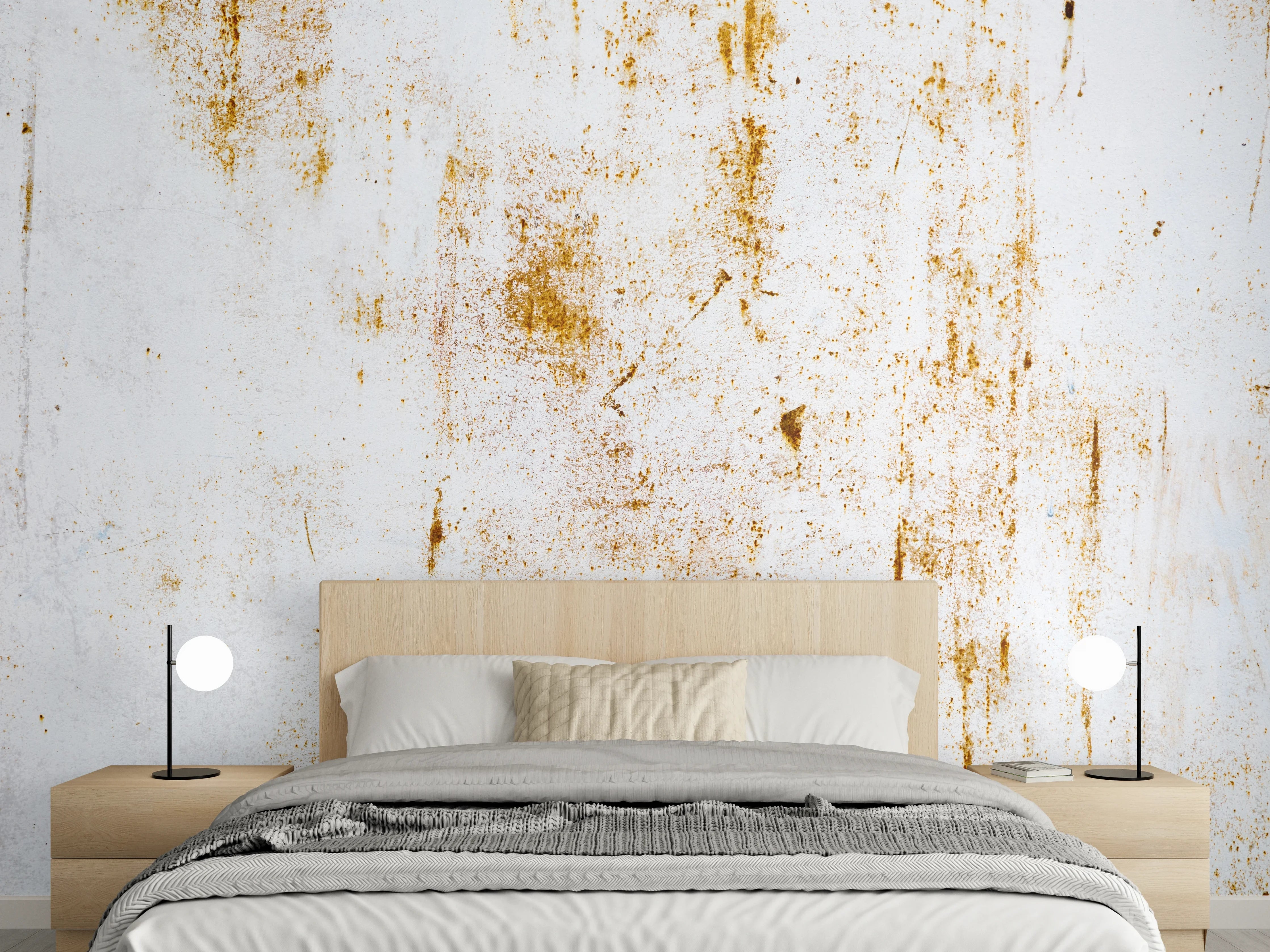 Wandverkleidung Schlafzimmer - Rustikale Weißwand mit Rost-Patina-Effekt