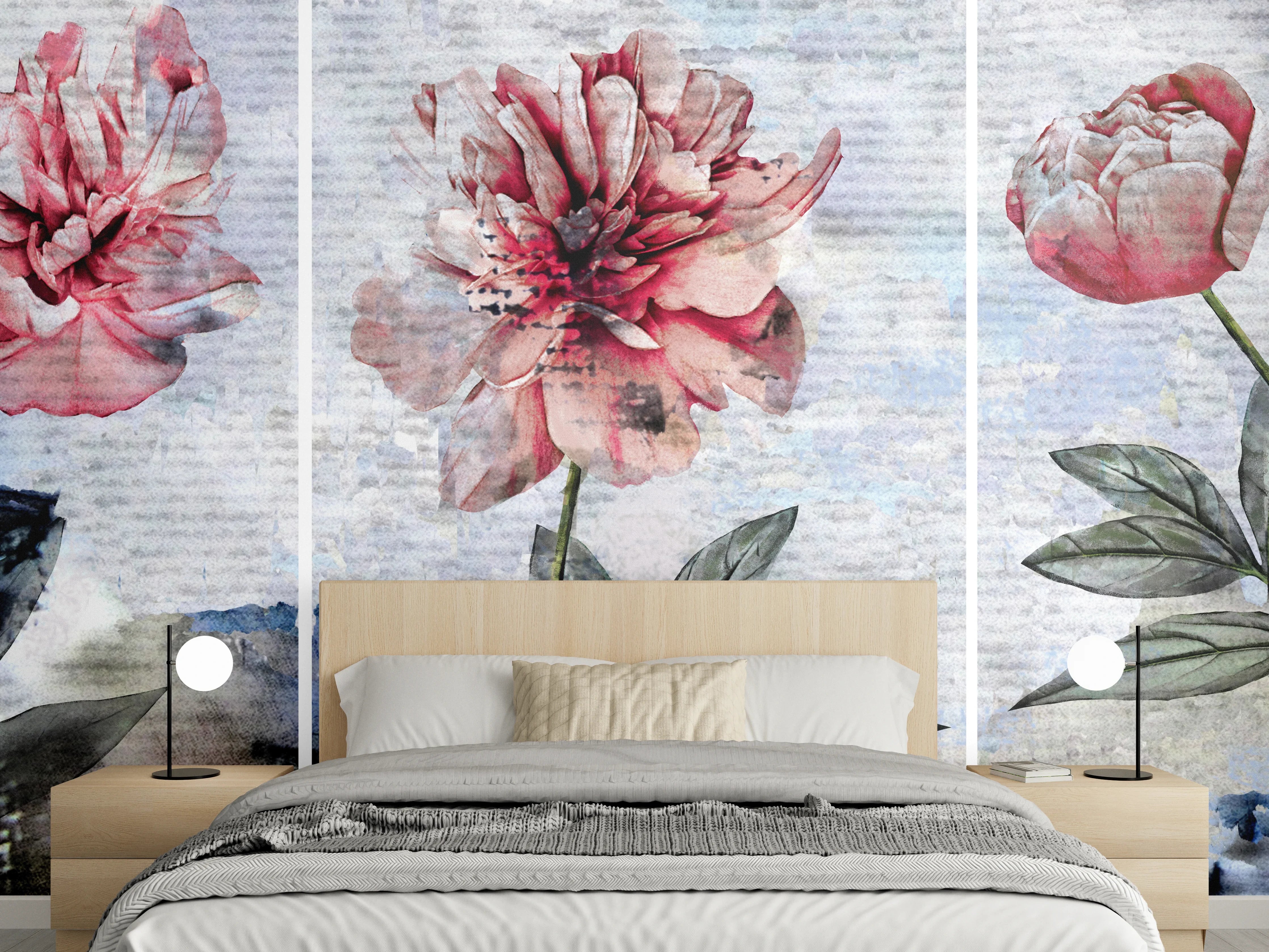 Wandverkleidung Schlafzimmer - Sammlung von rosa Blumen - Ölgemälden