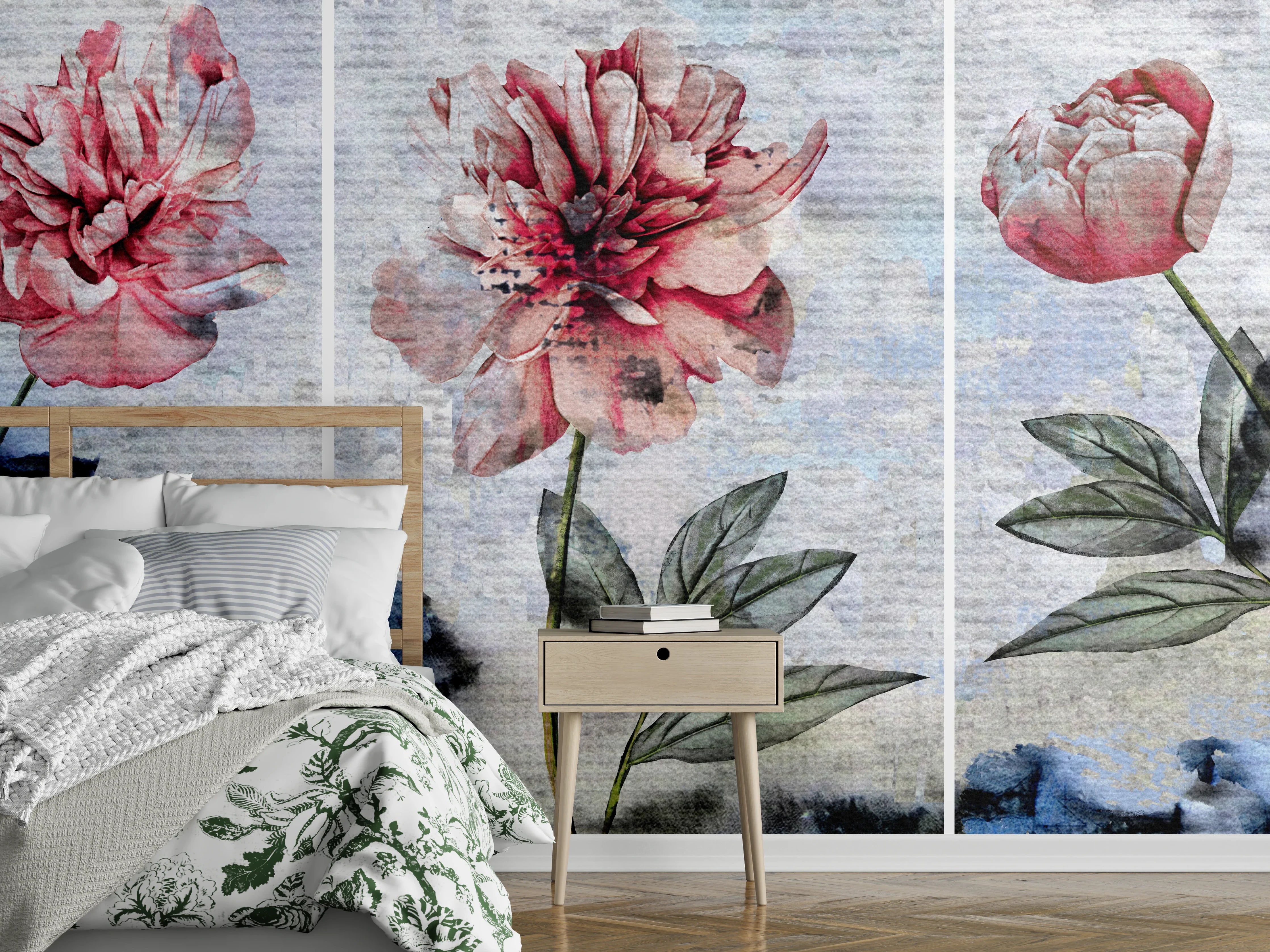 Wandverkleidung Schlafzimmer - Sammlung von rosa Blumen - Ölgemälden