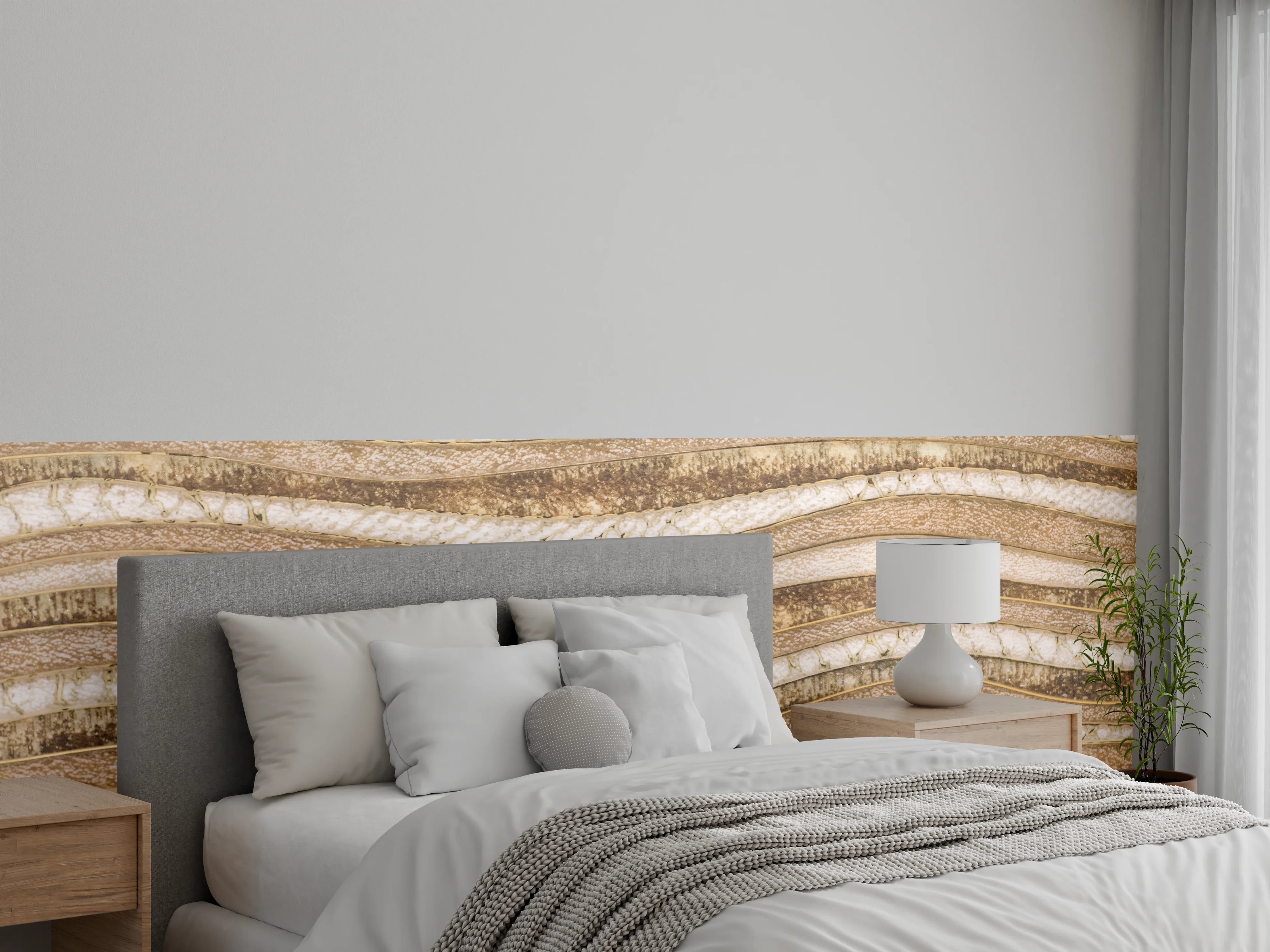 Wandverkleidung Schlafzimmer - Sandfarbene Wellenstruktur, Naturmuster modern