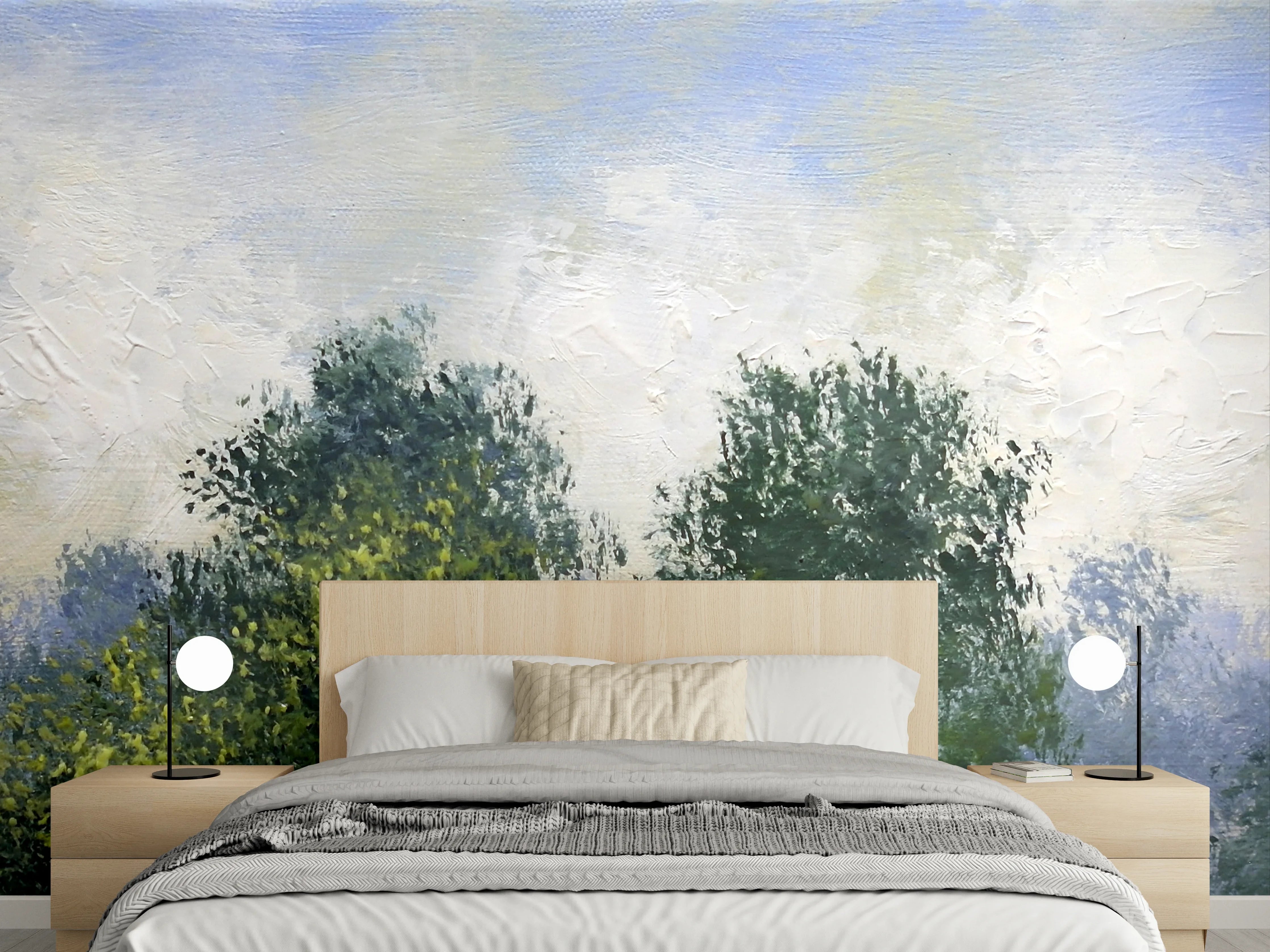 Wandverkleidung Schlafzimmer - Sanfte Bäume im Nebel Panorama