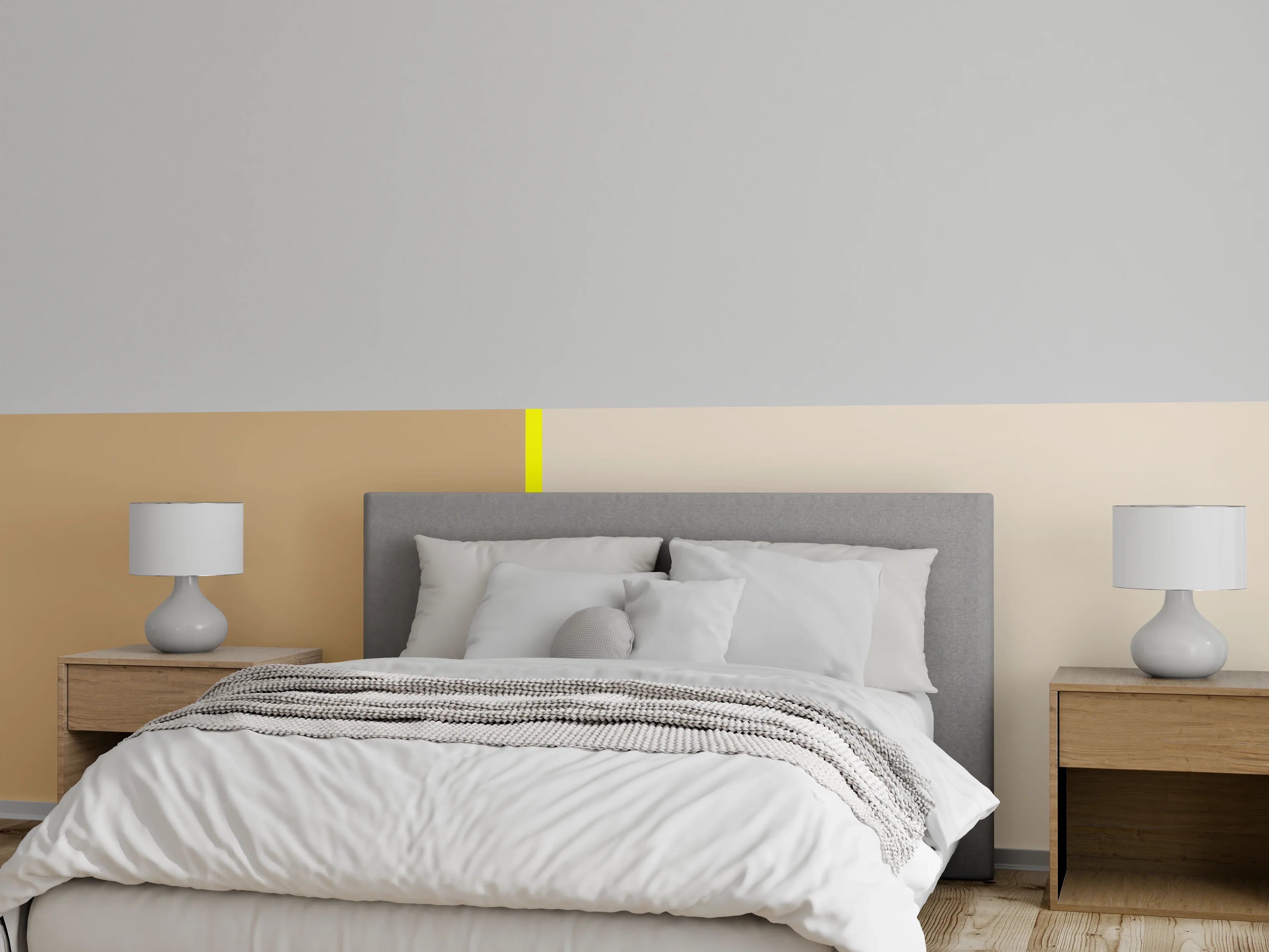 Wandverkleidung Schlafzimmer - Sanfte Beige-Töne mit gelber Akzentlinie