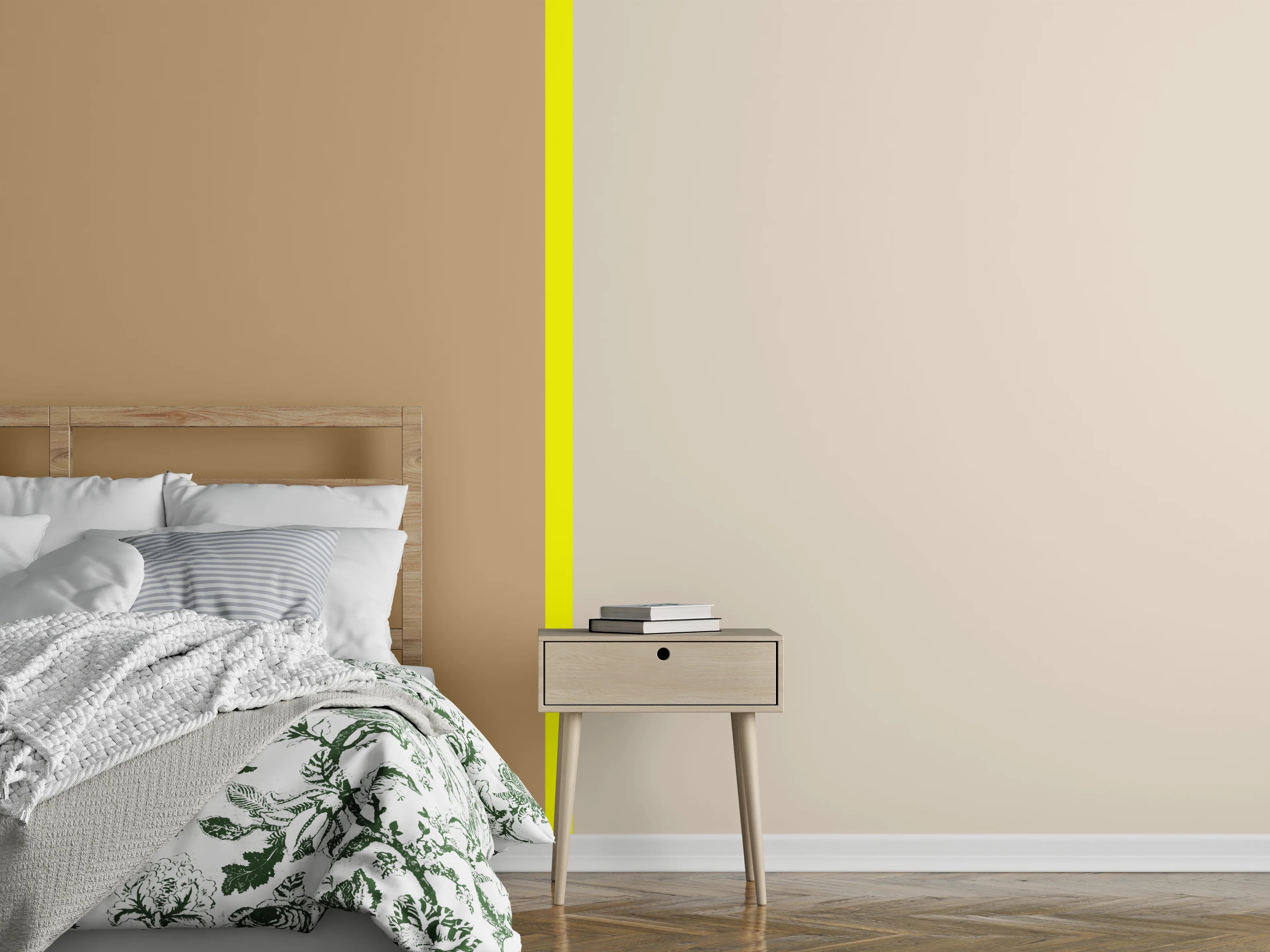 Wandverkleidung Schlafzimmer - Sanfte Beige-Töne mit gelber Akzentlinie