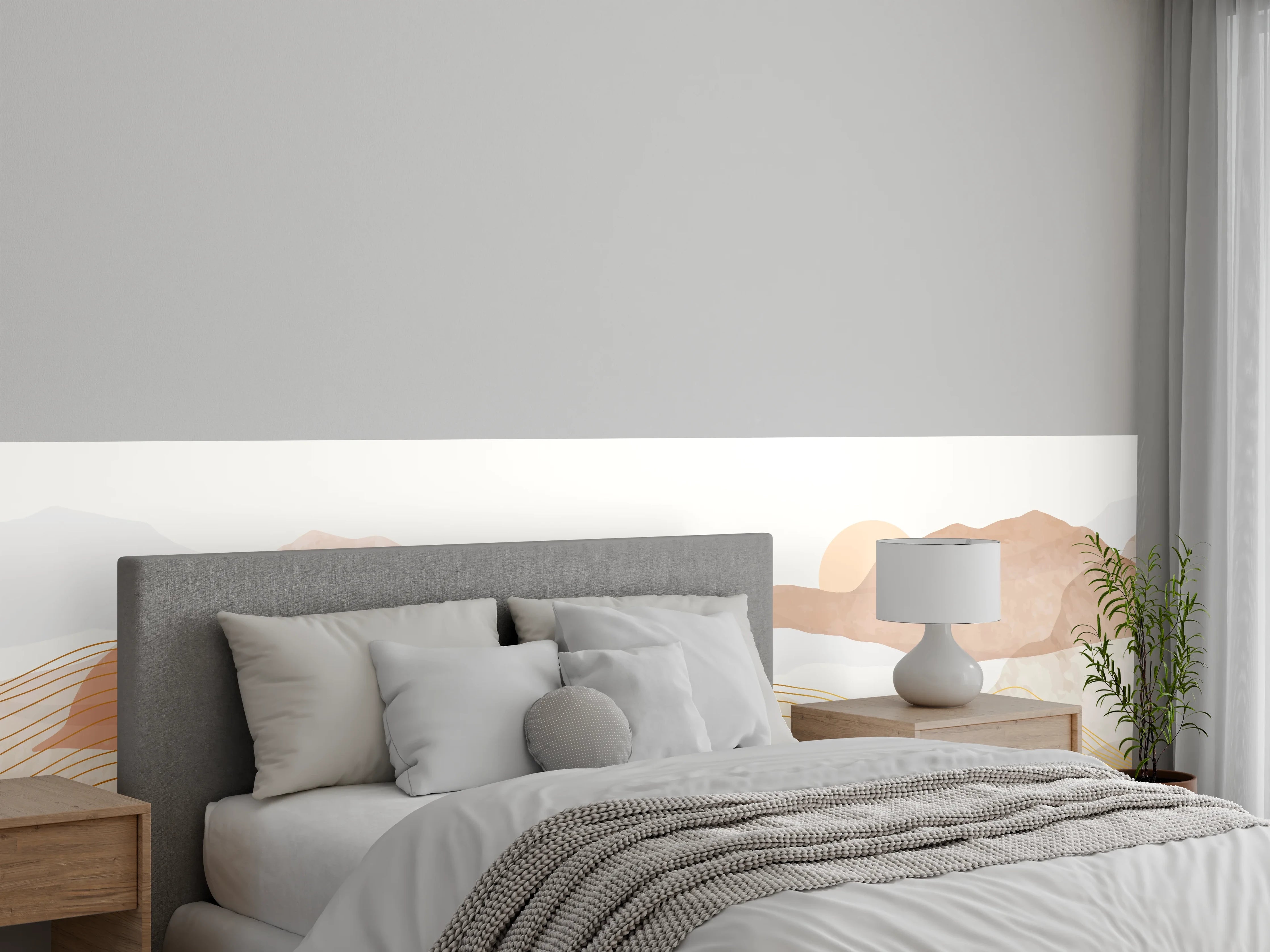 Wandverkleidung Schlafzimmer - Sanfte Bergkulisse in zarten Grautönen