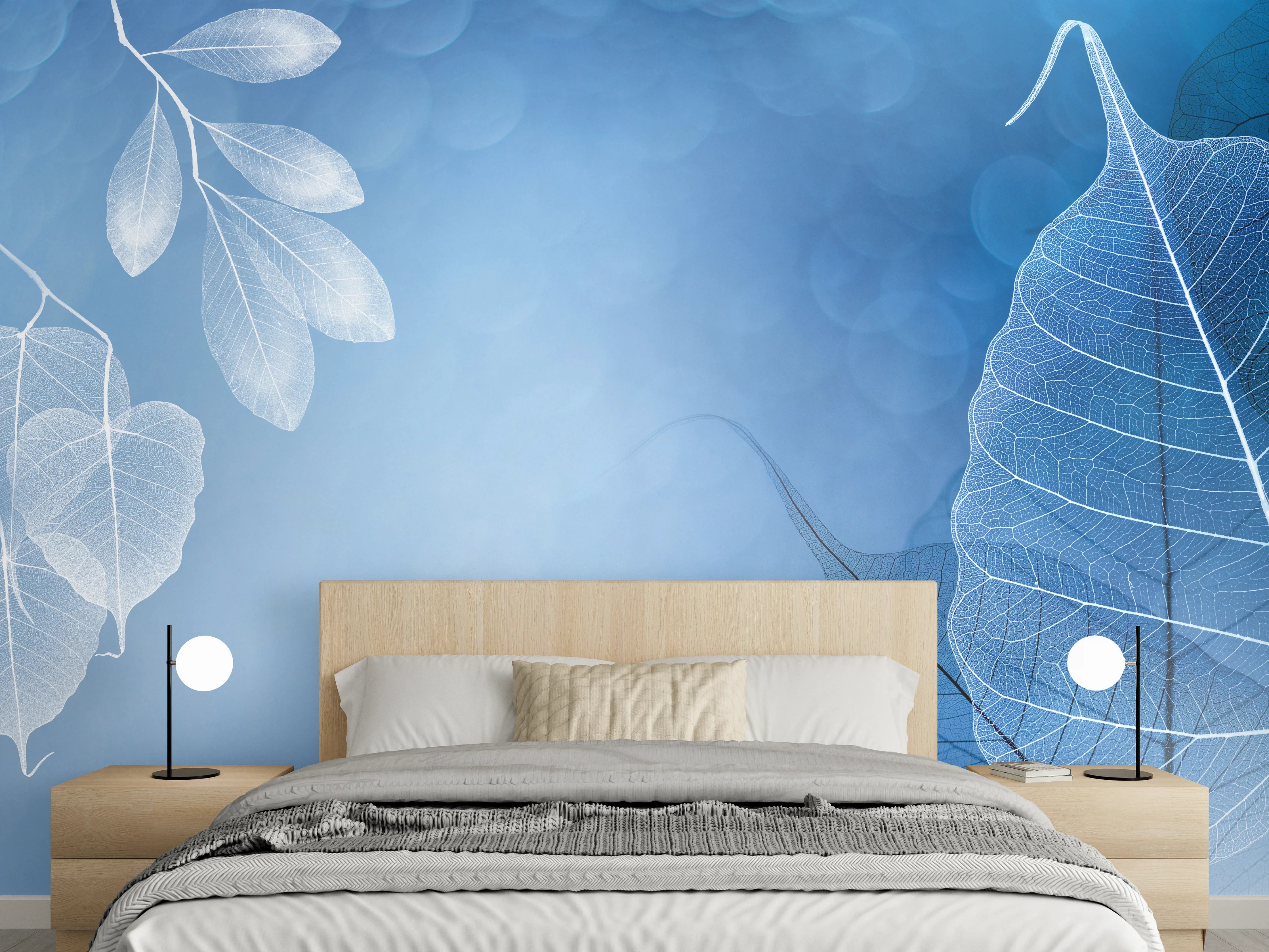 Wandverkleidung Schlafzimmer - Sanfte Blätter in Blau und Weiß