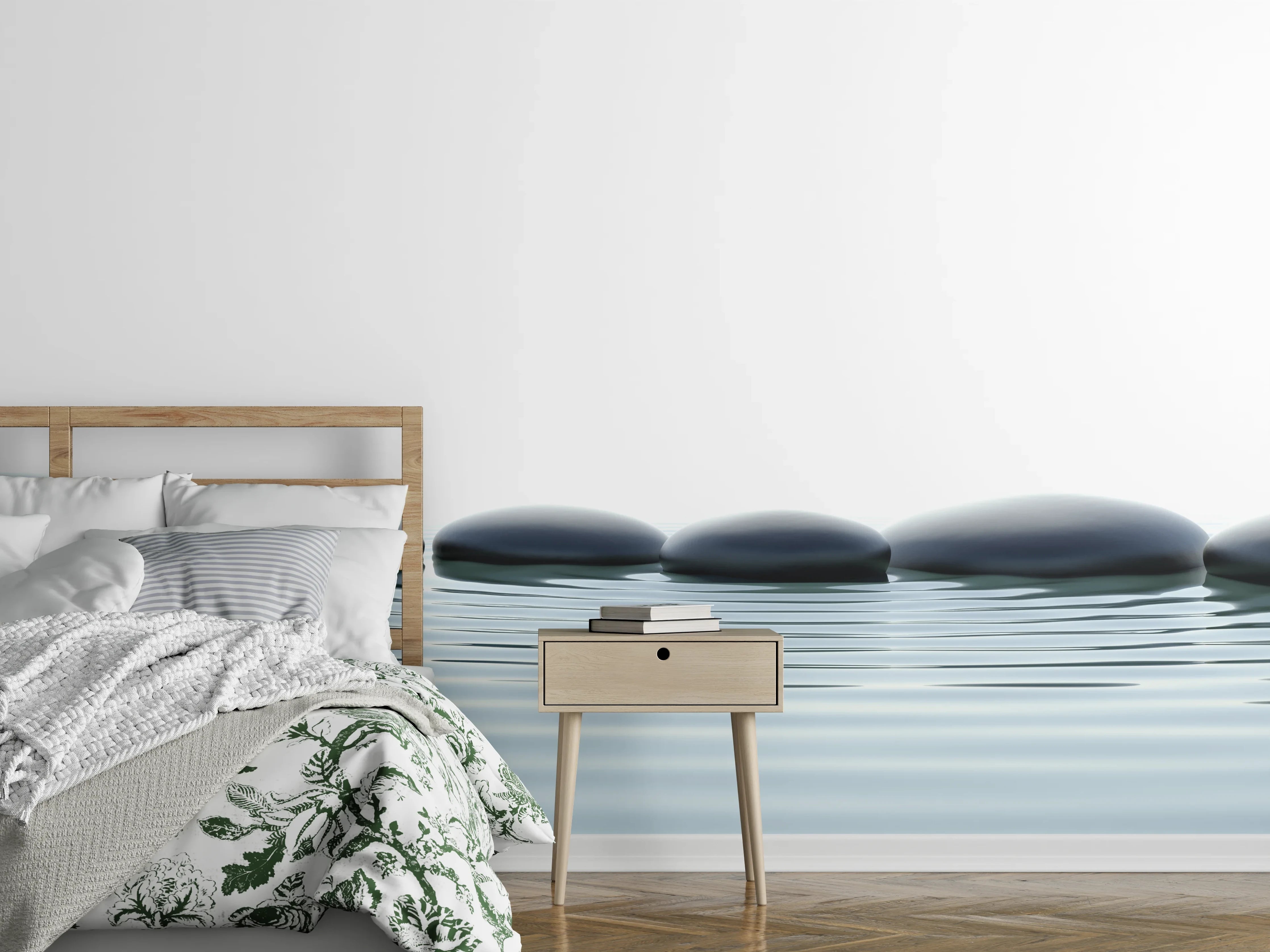 Wandverkleidung Schlafzimmer - Sanfte Wassersteine auf ruhiger Wasseroberfläche