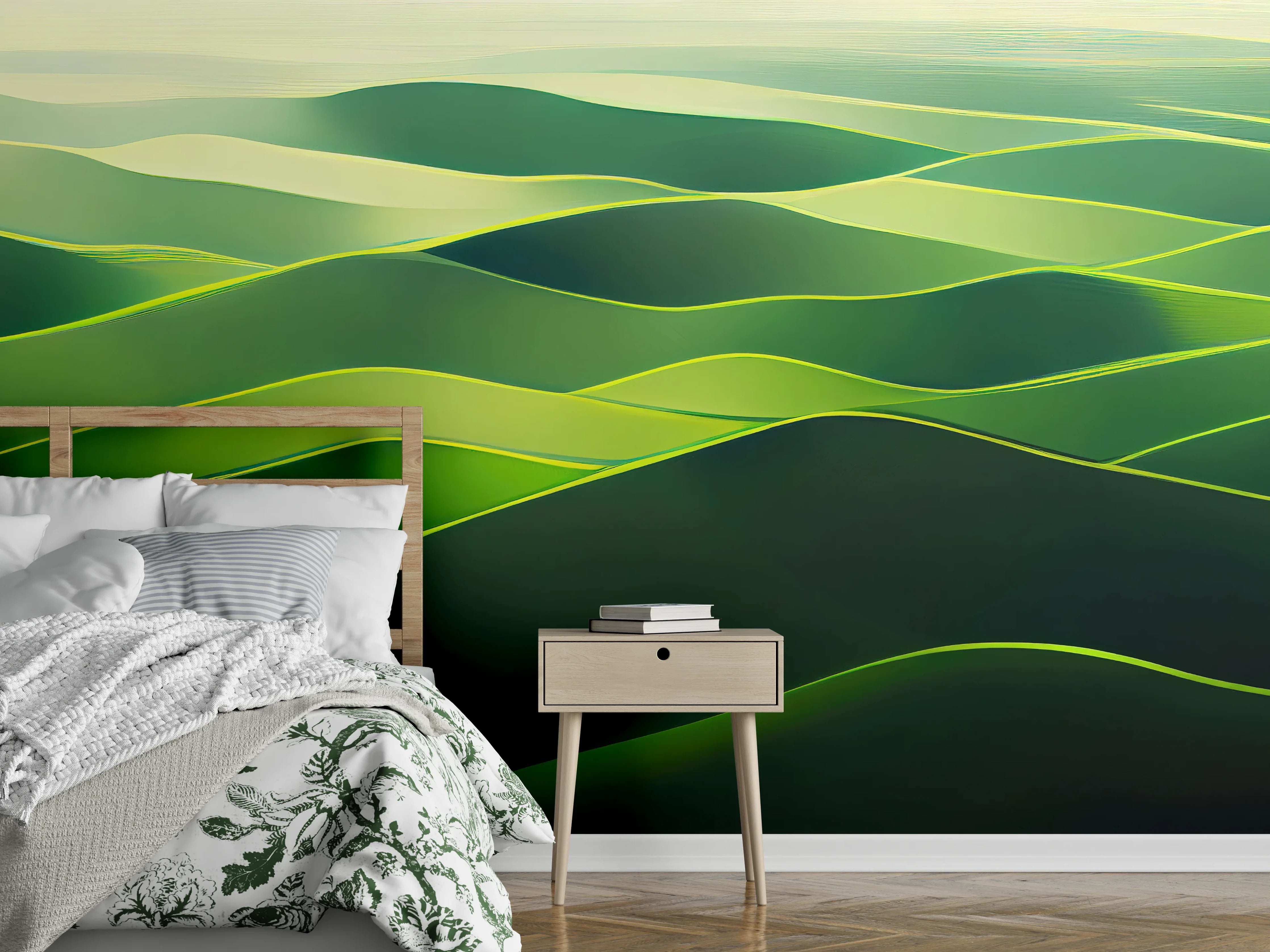 Wandverkleidung Schlafzimmer - Sanfte grüne Landschaftswellen Kunstbild