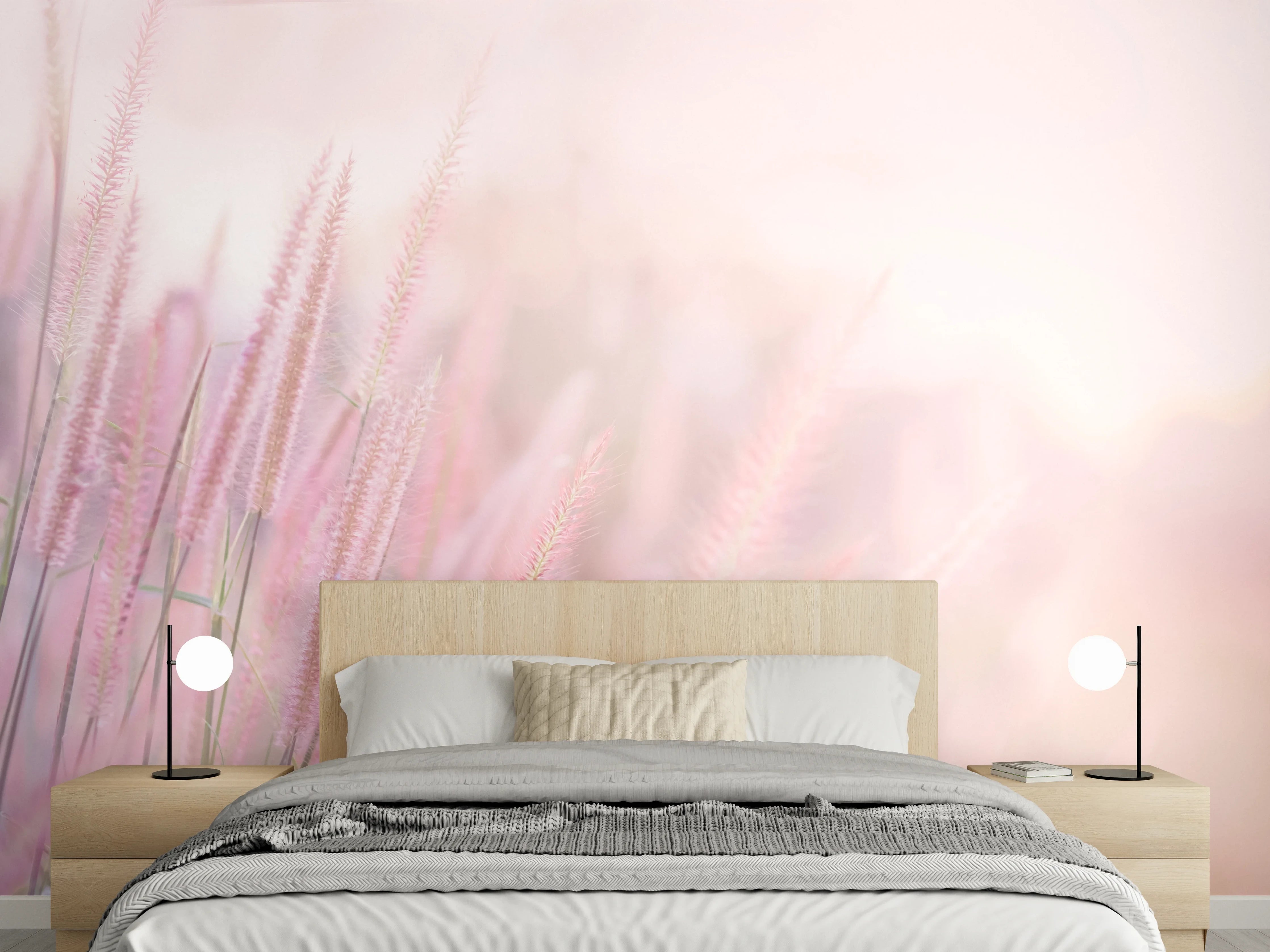 Wandverkleidung Schlafzimmer - Sanfte rosa Gräser im Sonnenlicht