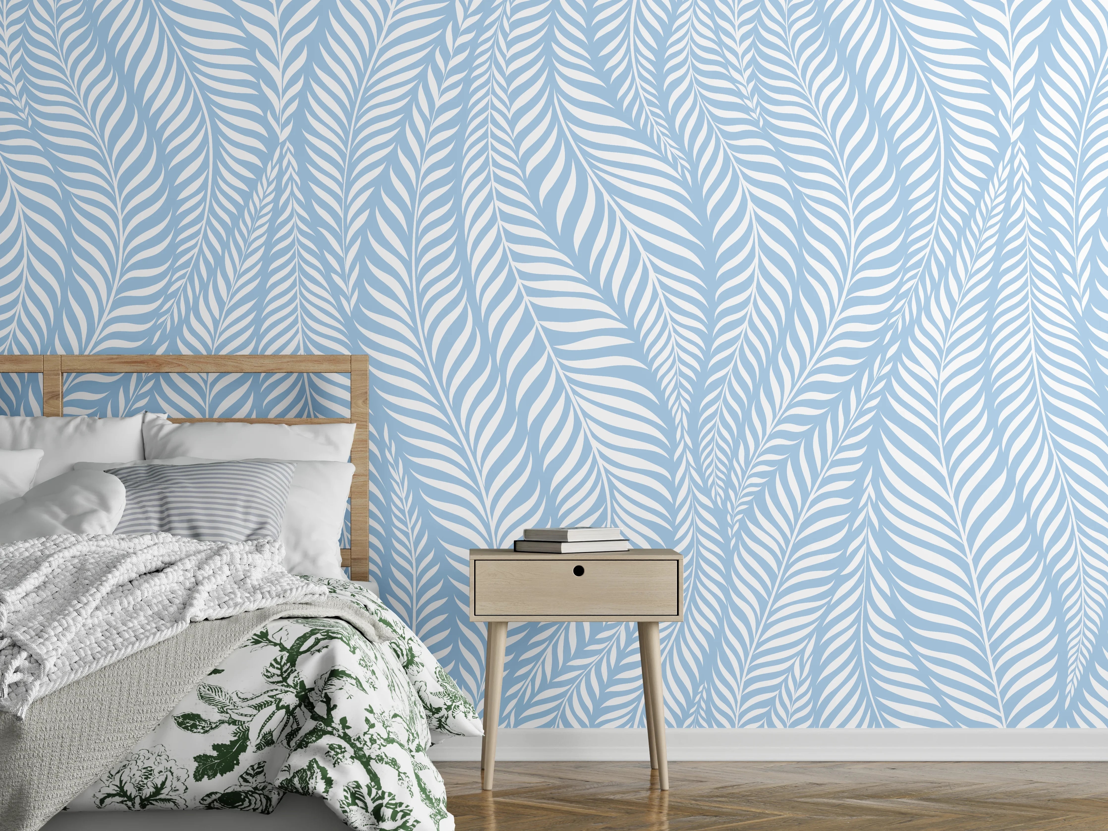 Wandverkleidung Schlafzimmer - Sanftes Blattmuster in Pastellblau