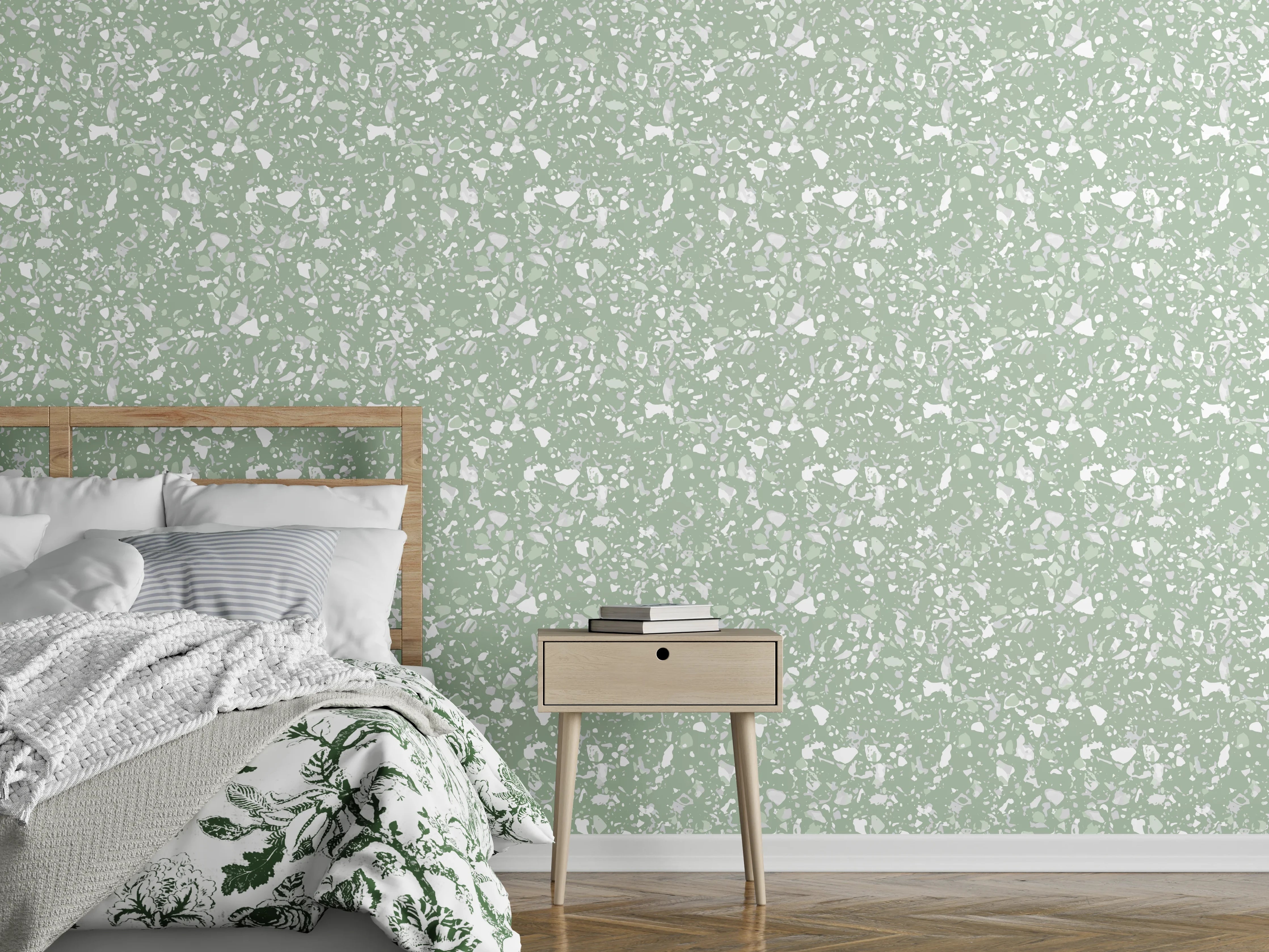 Wandverkleidung Schlafzimmer - Sanftes Blumenmuster in Pastellgrün