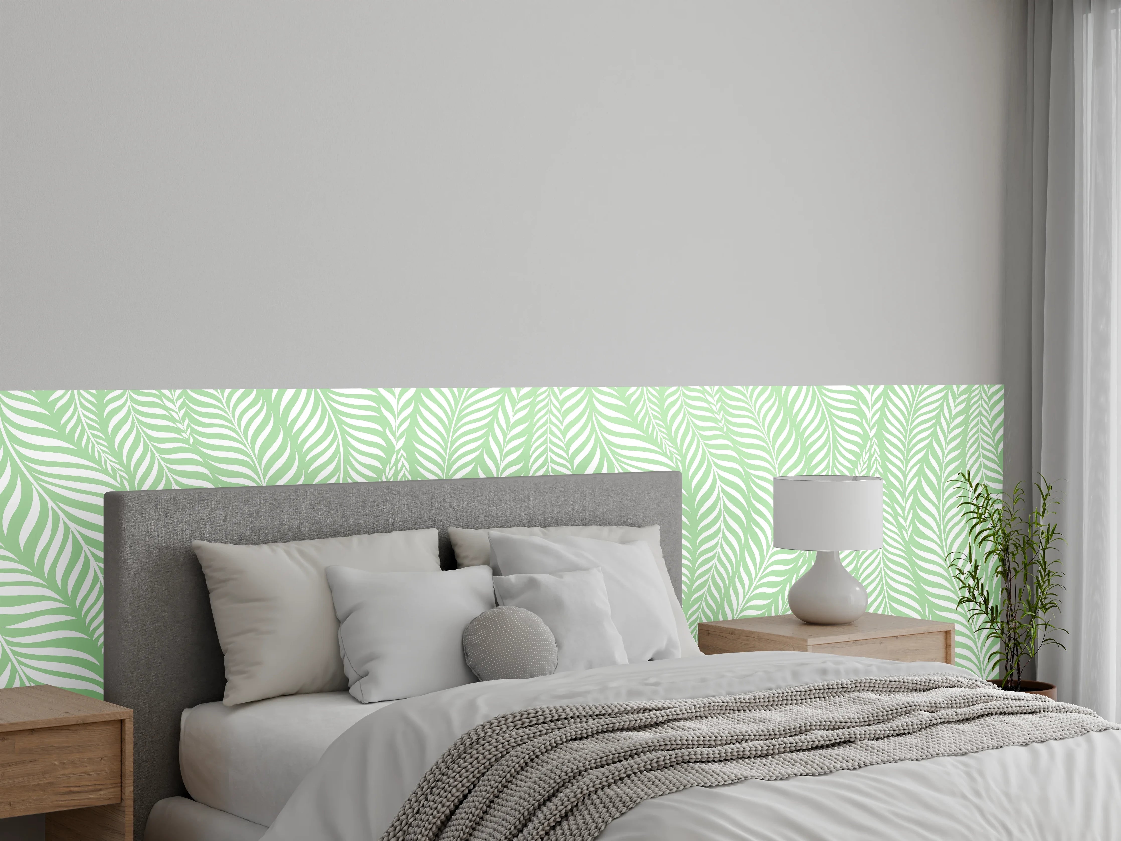 Wandverkleidung Schlafzimmer - Sanftes Palmenblatt-Muster in Pastellgrün