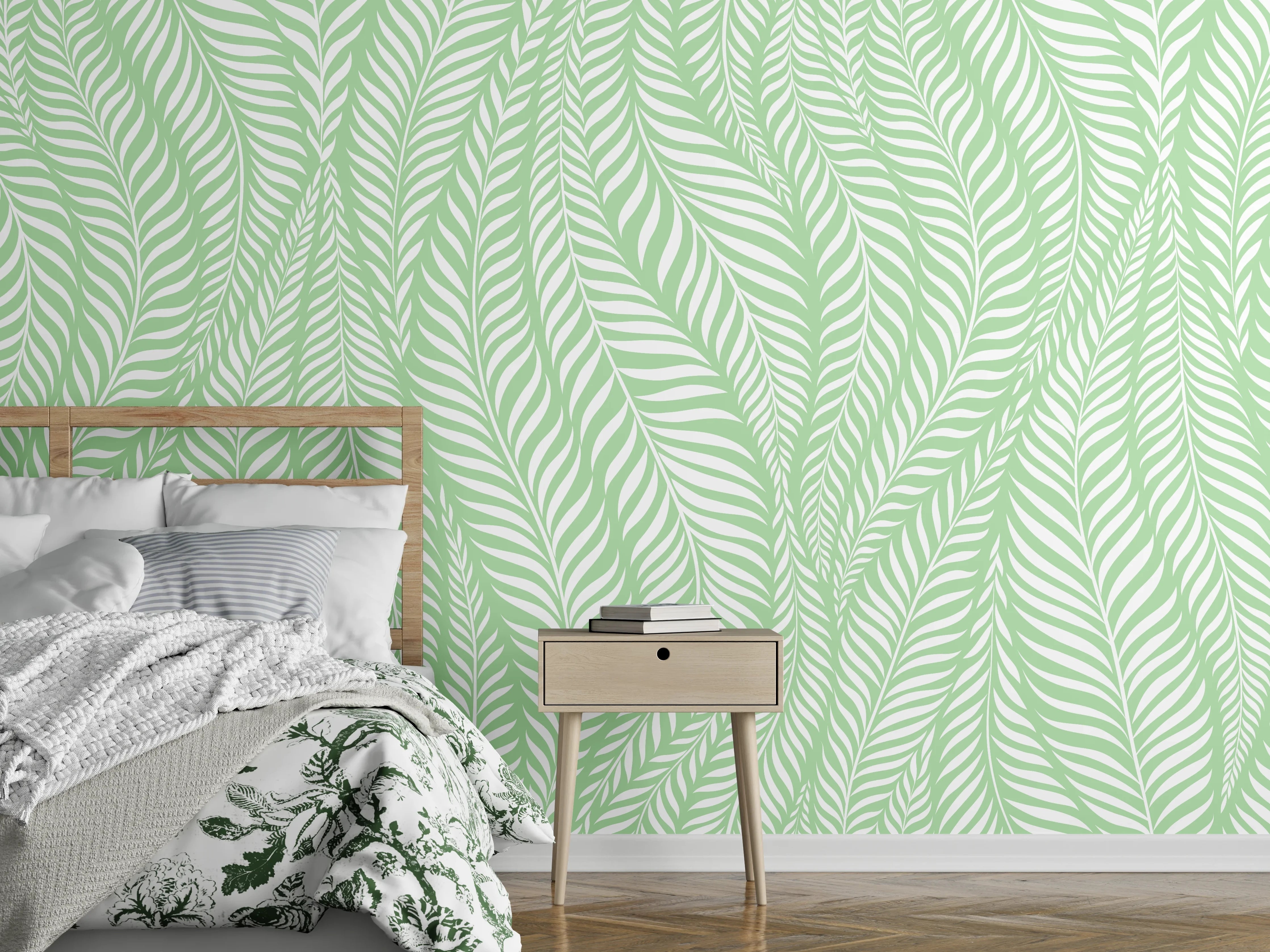 Wandverkleidung Schlafzimmer - Sanftes Palmenblatt-Muster in Pastellgrün