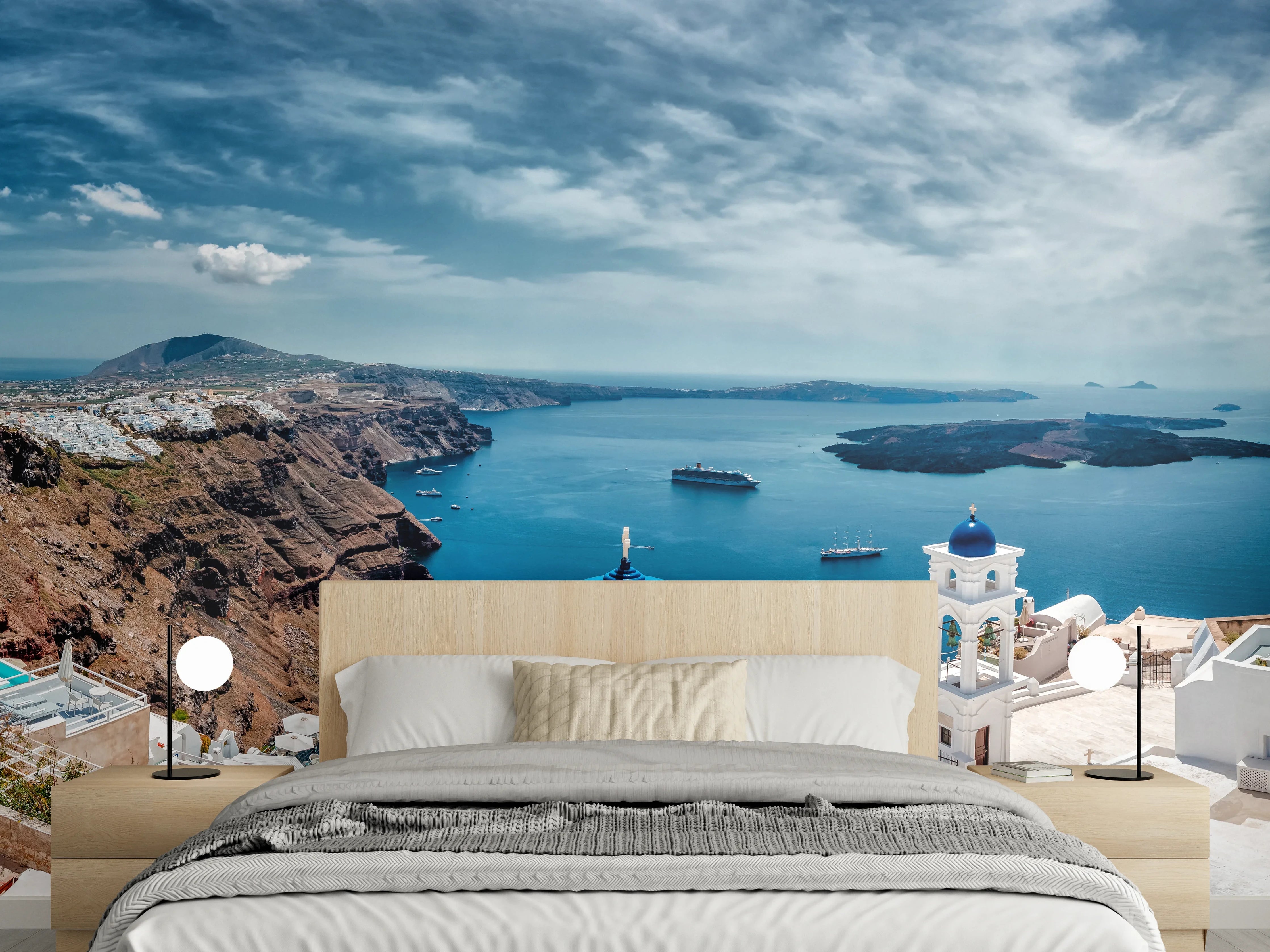 Wandverkleidung Schlafzimmer - Santorin Panorama – Meerblick & weiße Häuser