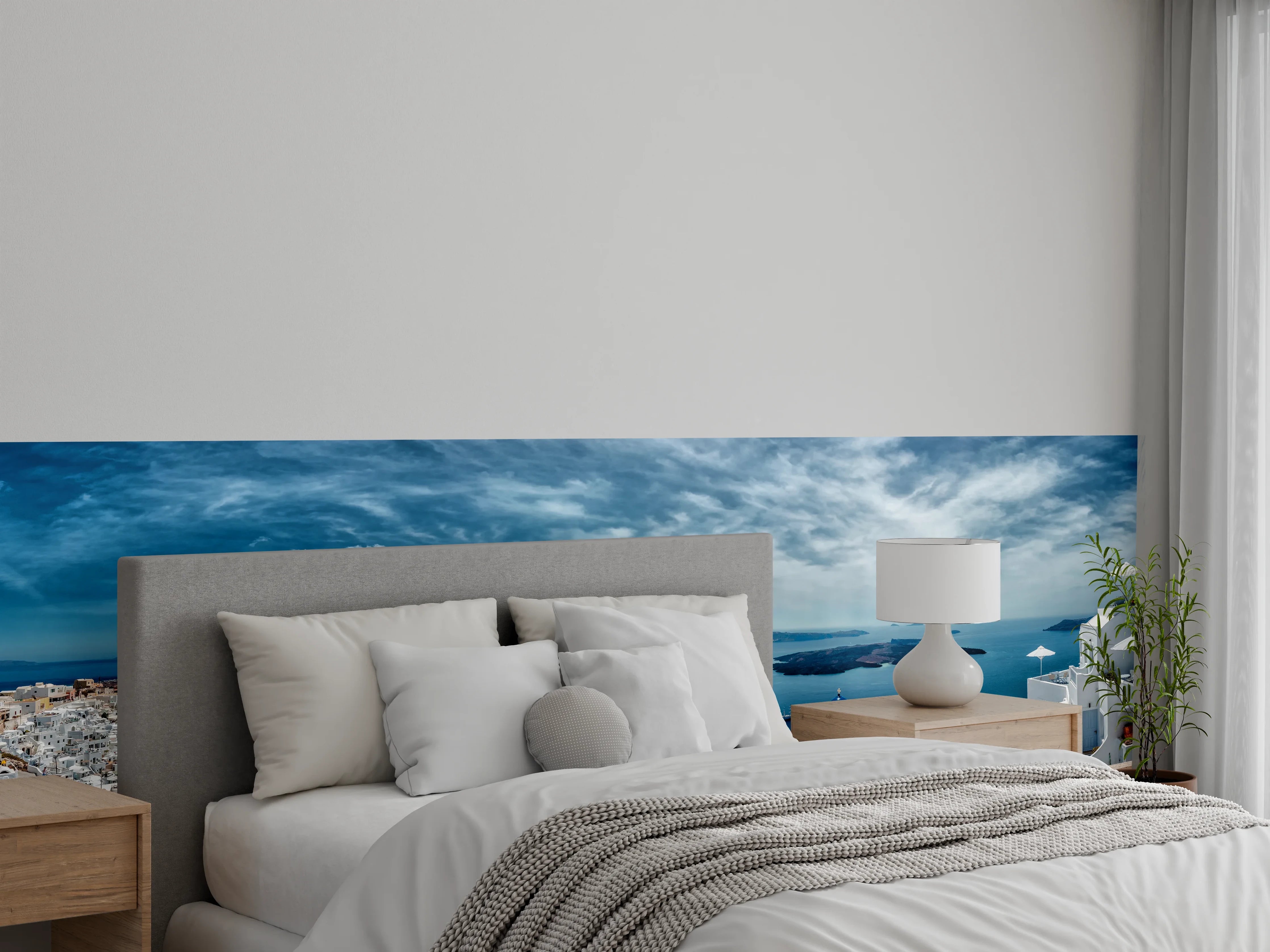 Wandverkleidung Schlafzimmer - Santorin Panorama – Meerblick & weiße Häuser