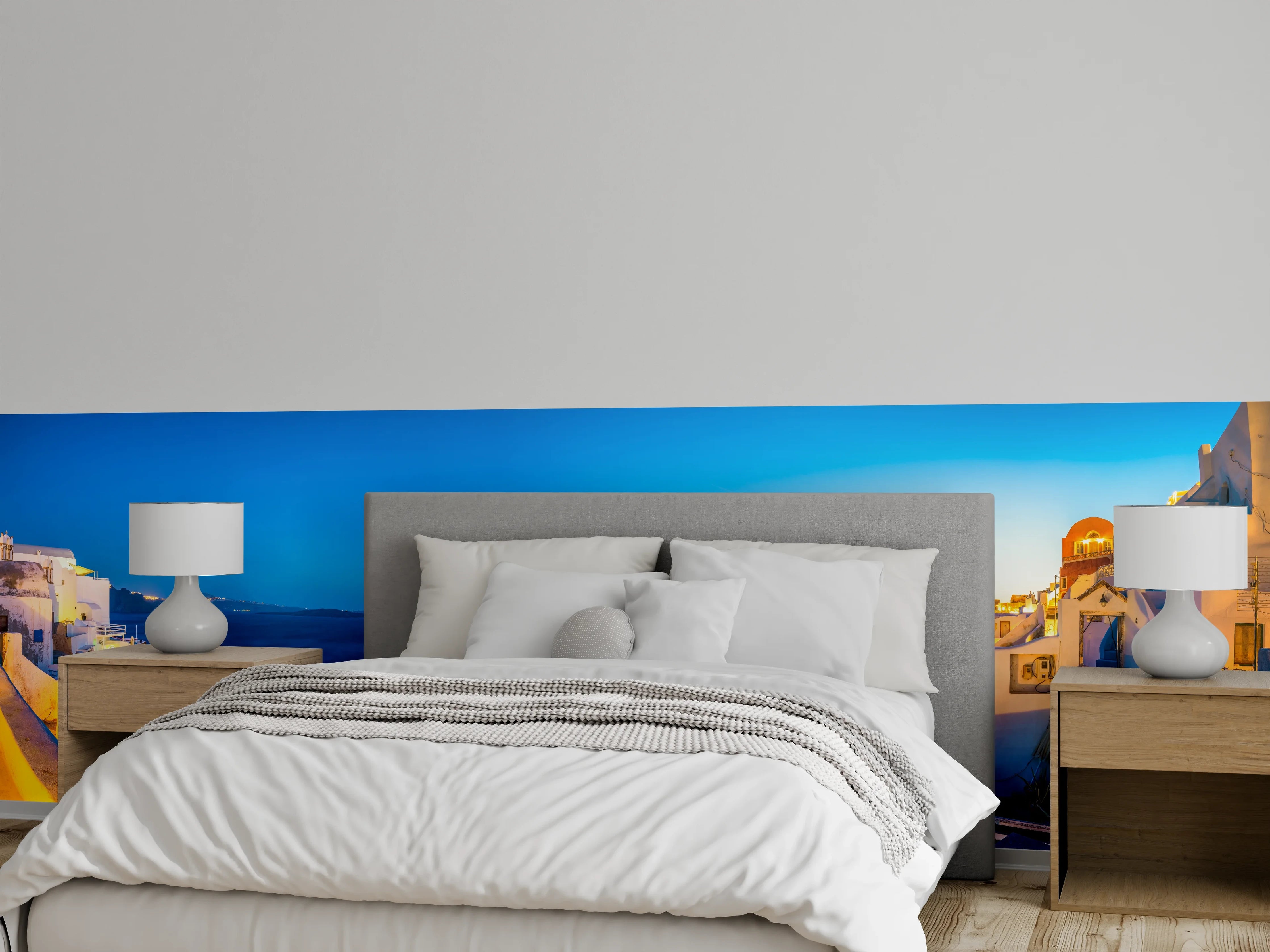 Wandverkleidung Schlafzimmer - Santorini Blau-Weiß Panorama