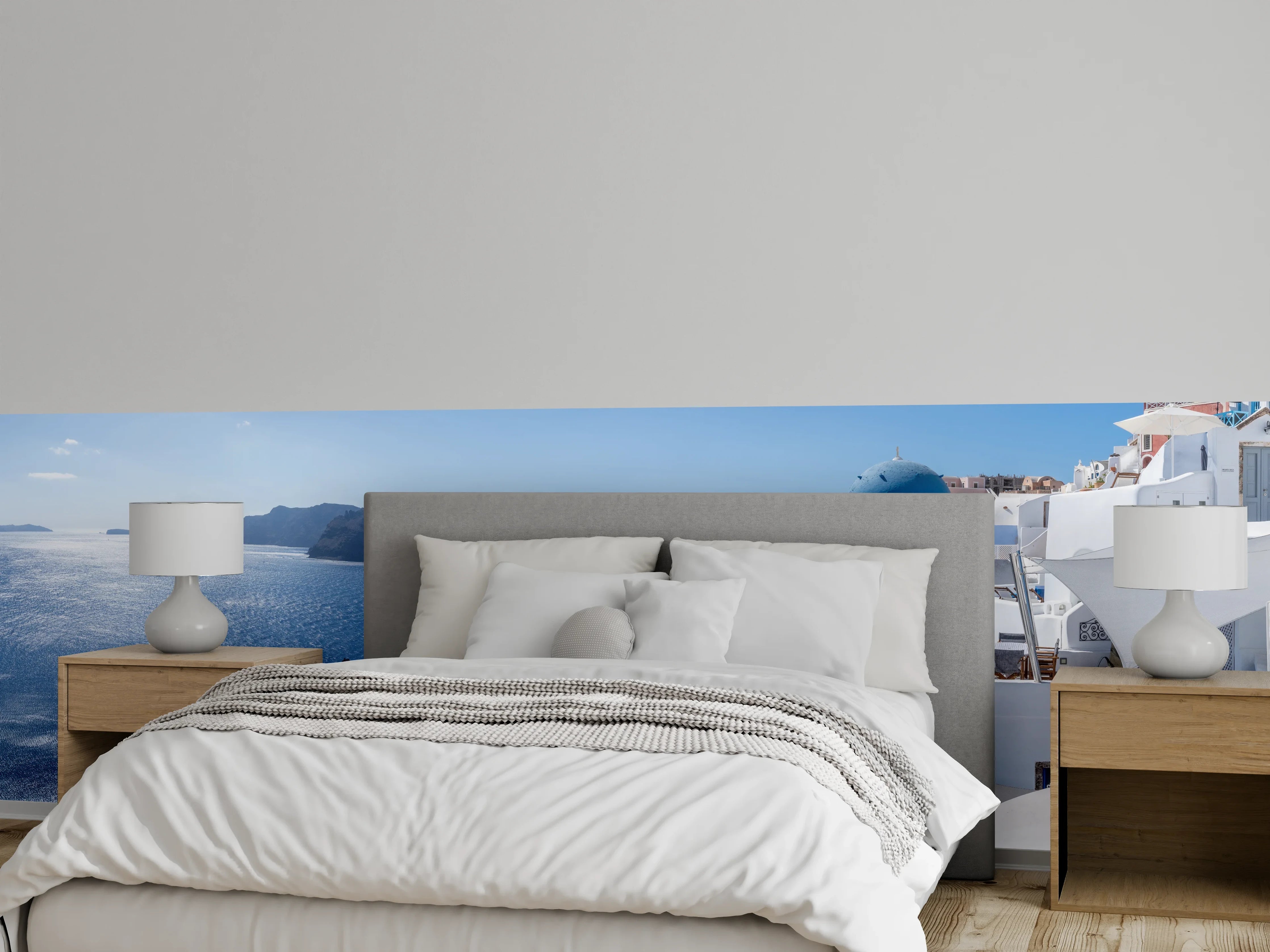 Wandverkleidung Schlafzimmer - Santorini Blau-Weiß Skyline