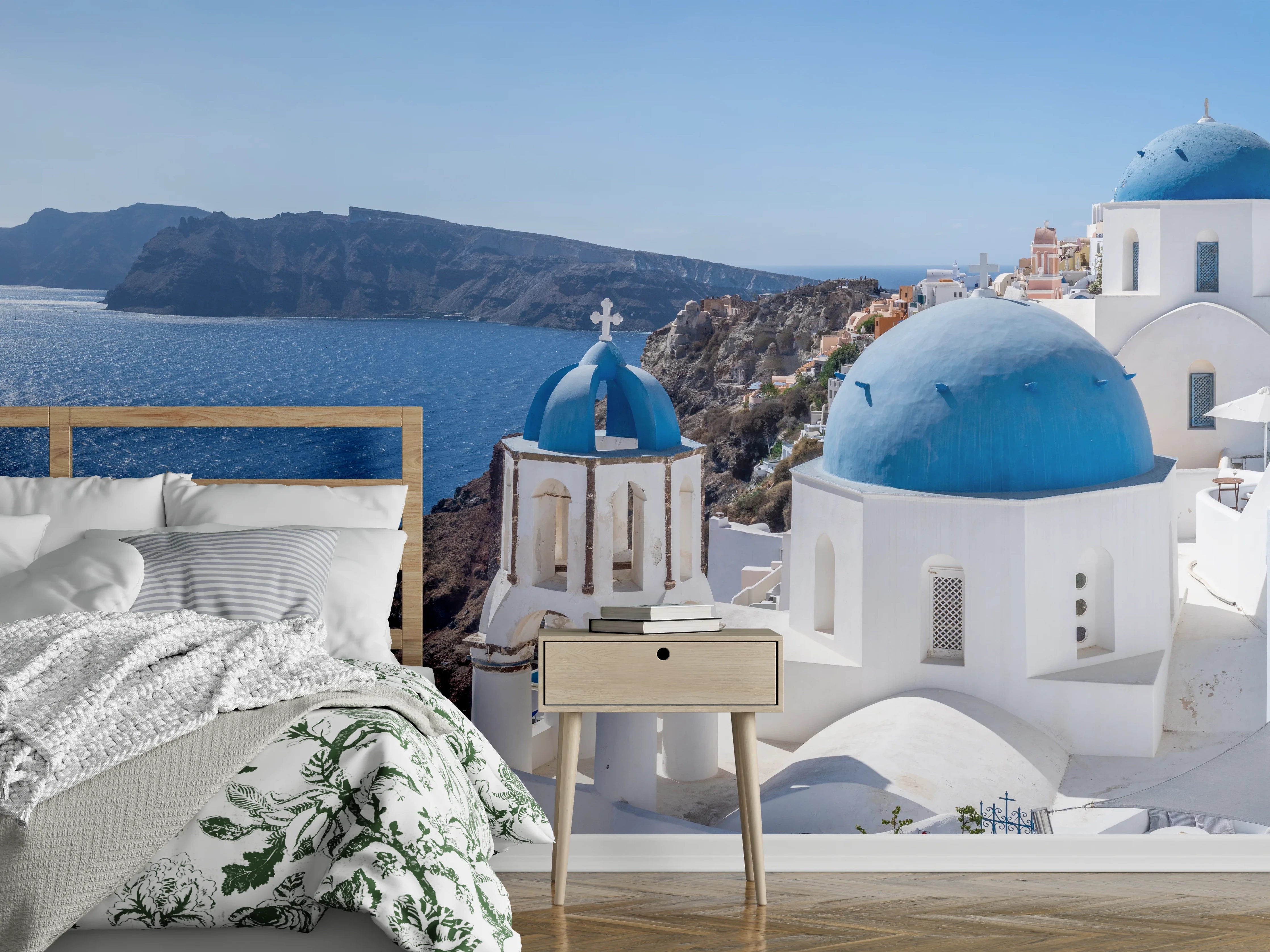 Wandverkleidung Schlafzimmer - Santorini Blau-Weiß Skyline